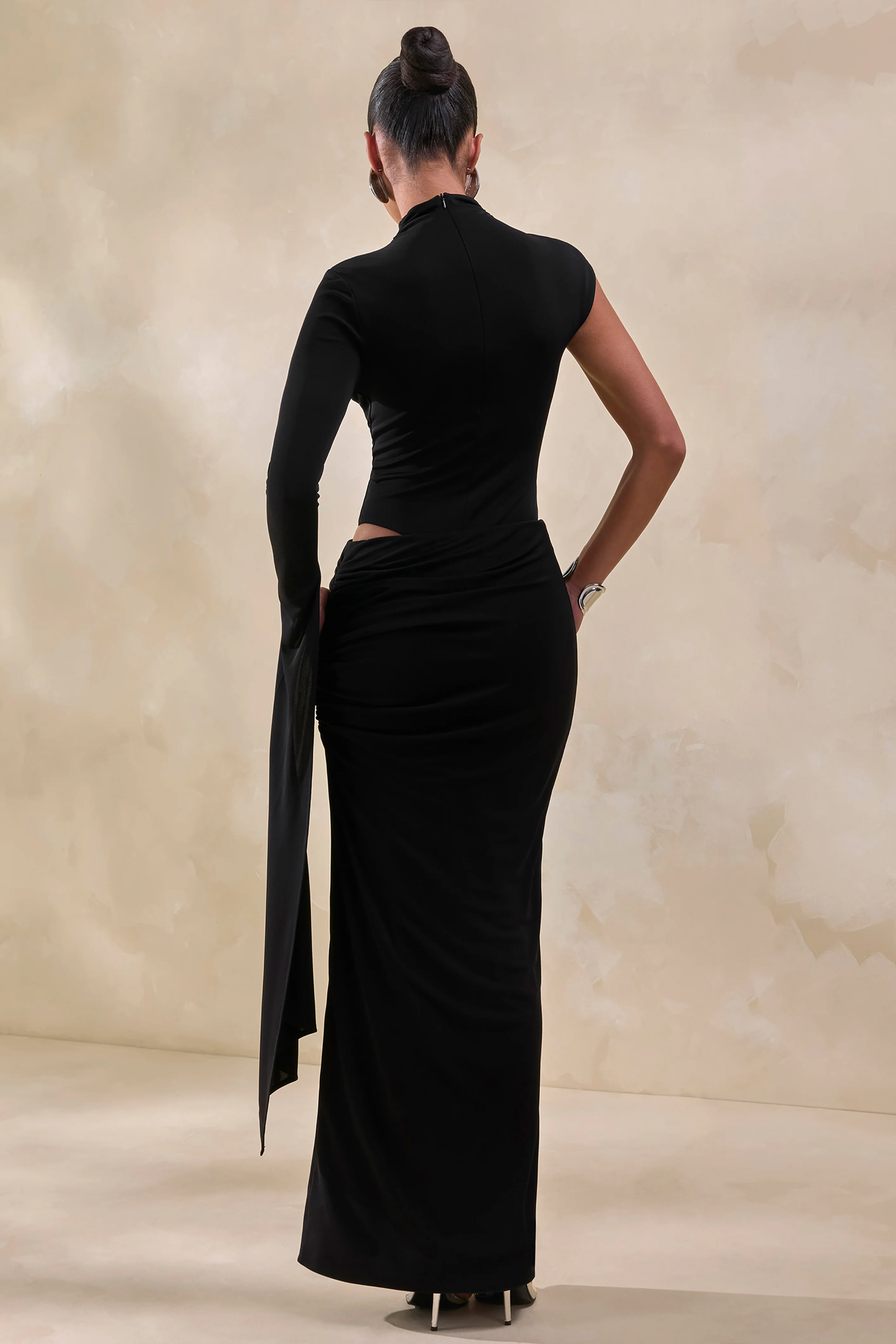Adessa | Black Asymmetric Waist Ruched Maxi Skirt - Image 3