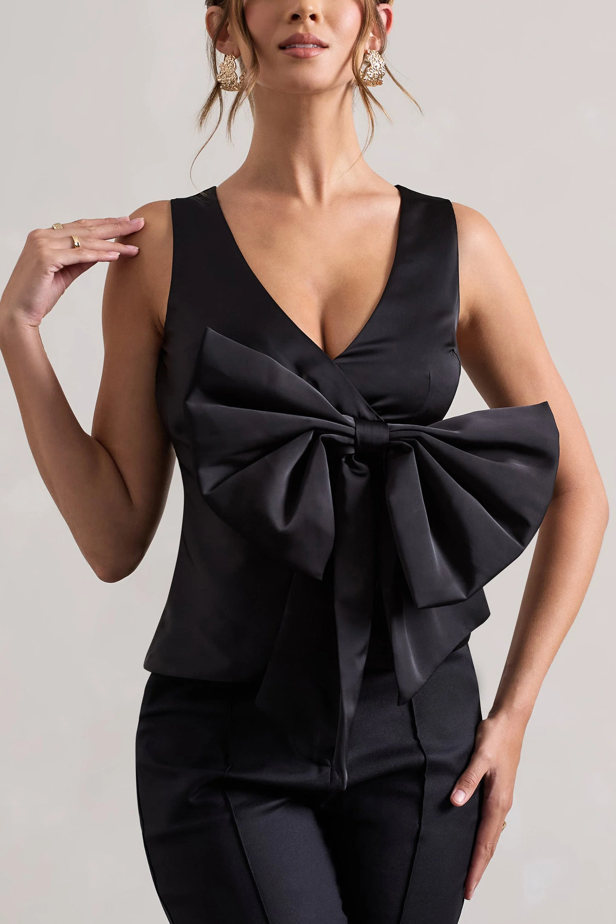 Adoration | Black Satin Plunge-Neck Top With Bow - Image 2