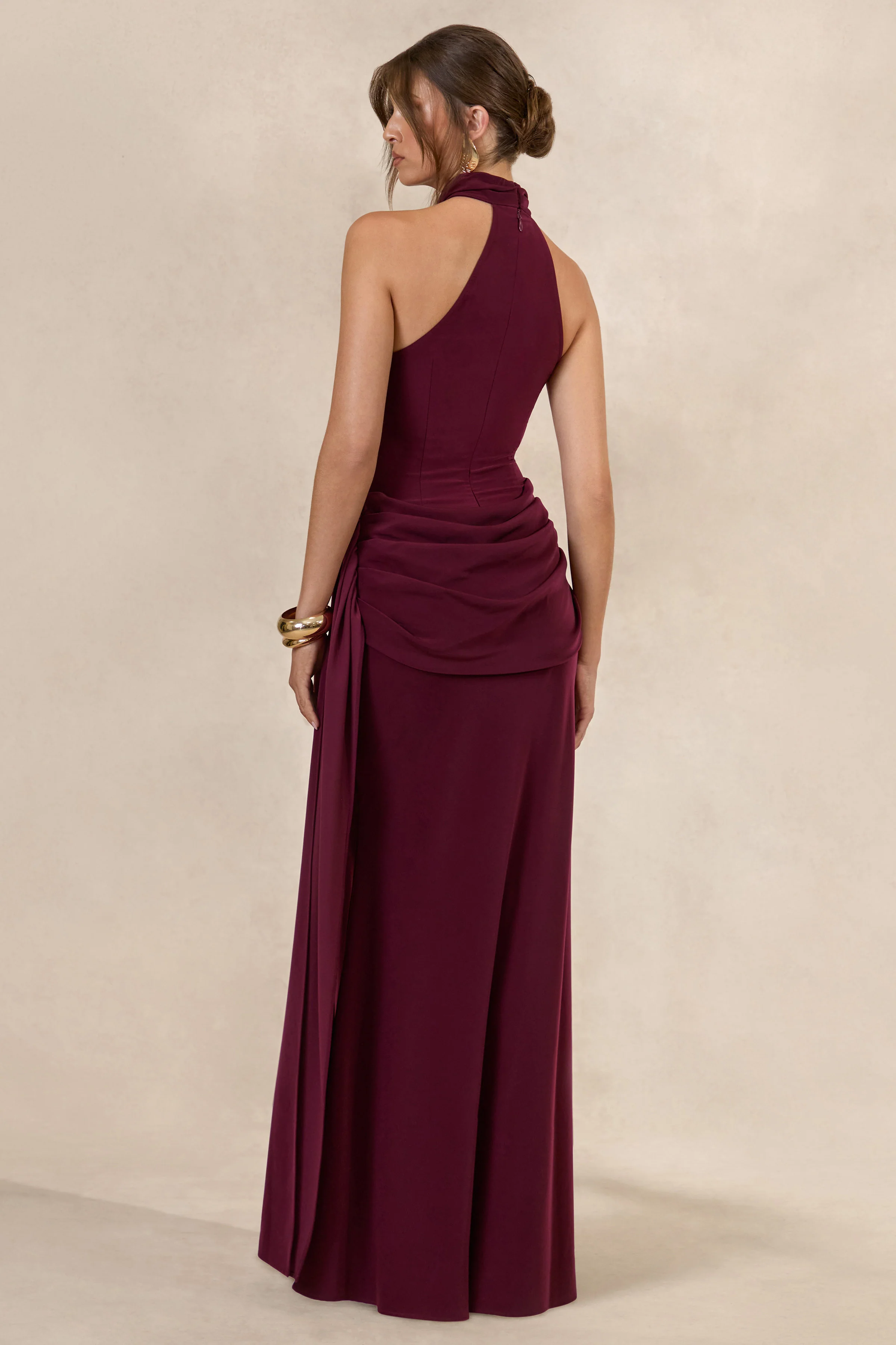Aevina | Burgundy Satin Asymmetric-Neck Maxi Dress With Scarf-Detail - Image 2
