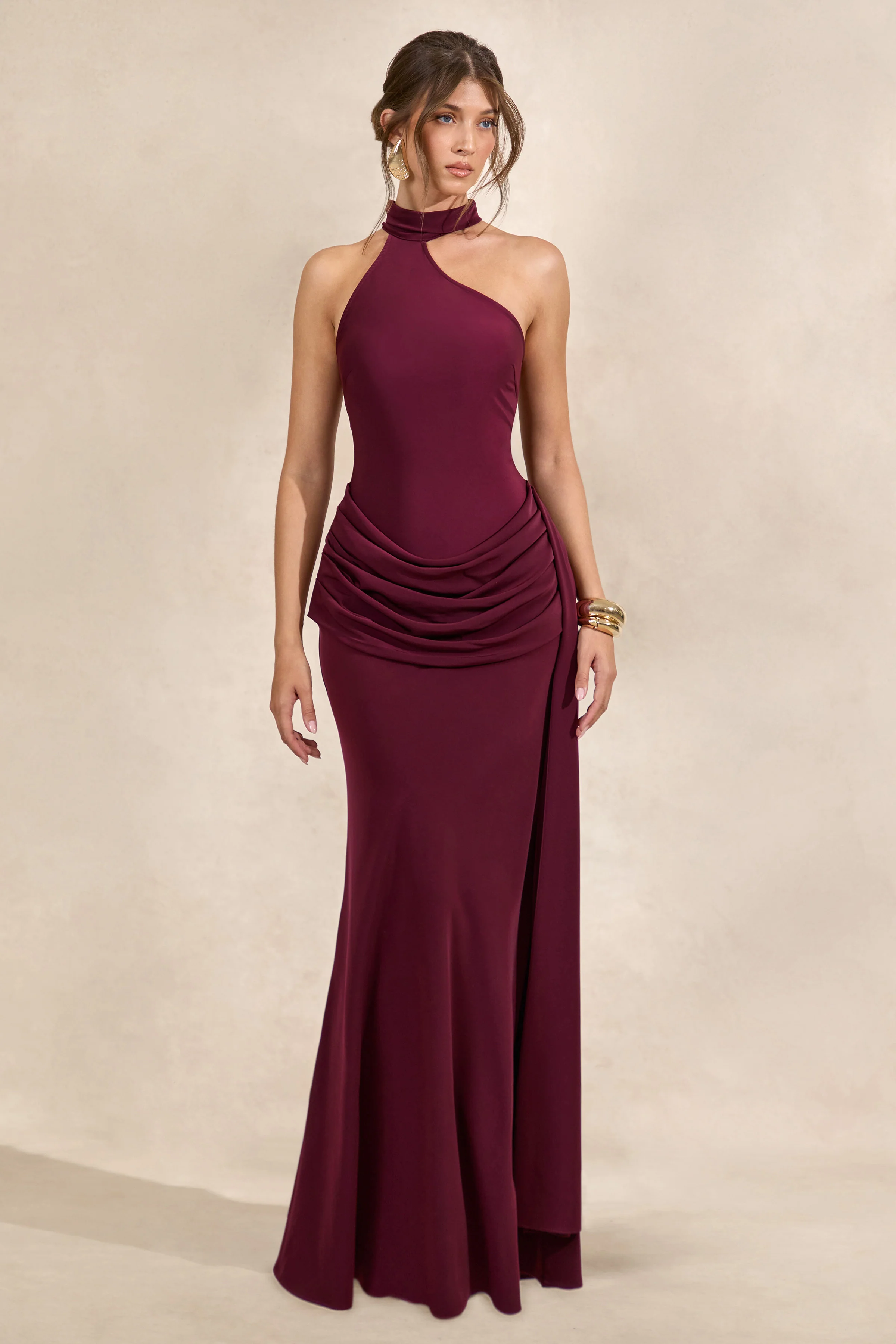 Aevina | Burgundy Satin Asymmetric-Neck Maxi Dress With Scarf-Detail - Image 4