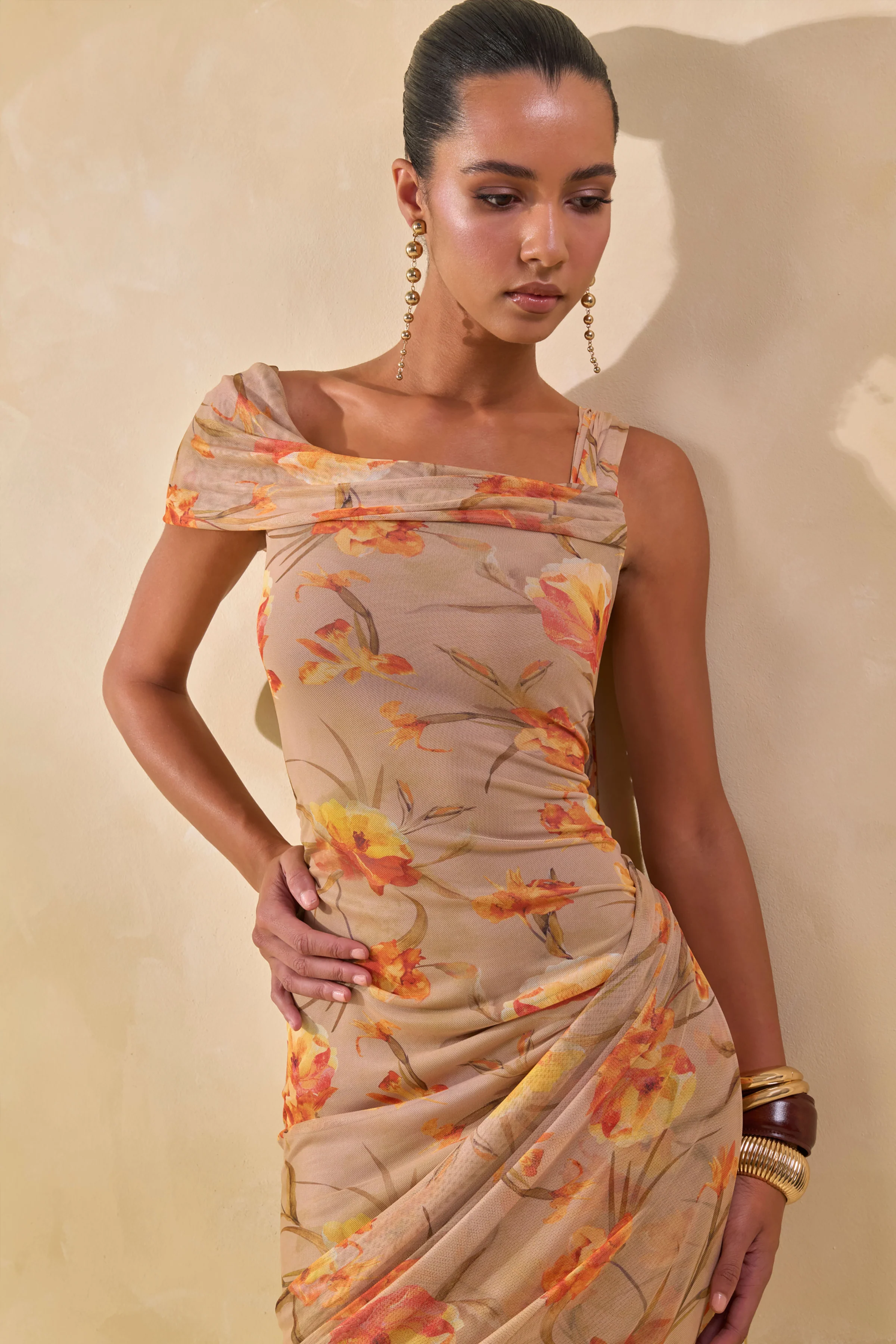 Afton | Orange Floral Mesh Asymmetric-Neck Maxi Dress With Sash Detail - Image 10