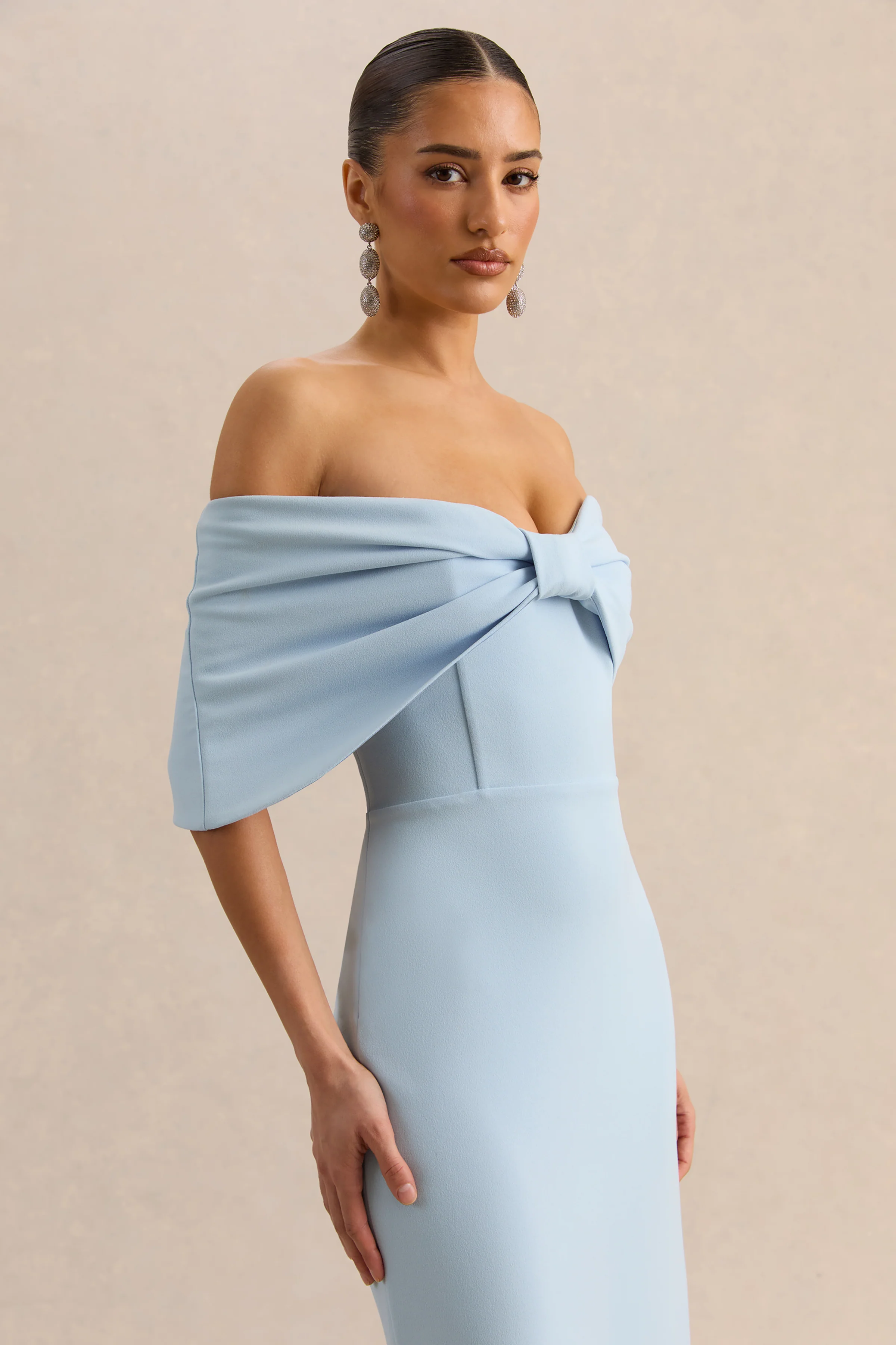 Agatha | Powder Blue Bow Bardot-Neck Maxi Dress - Image 3