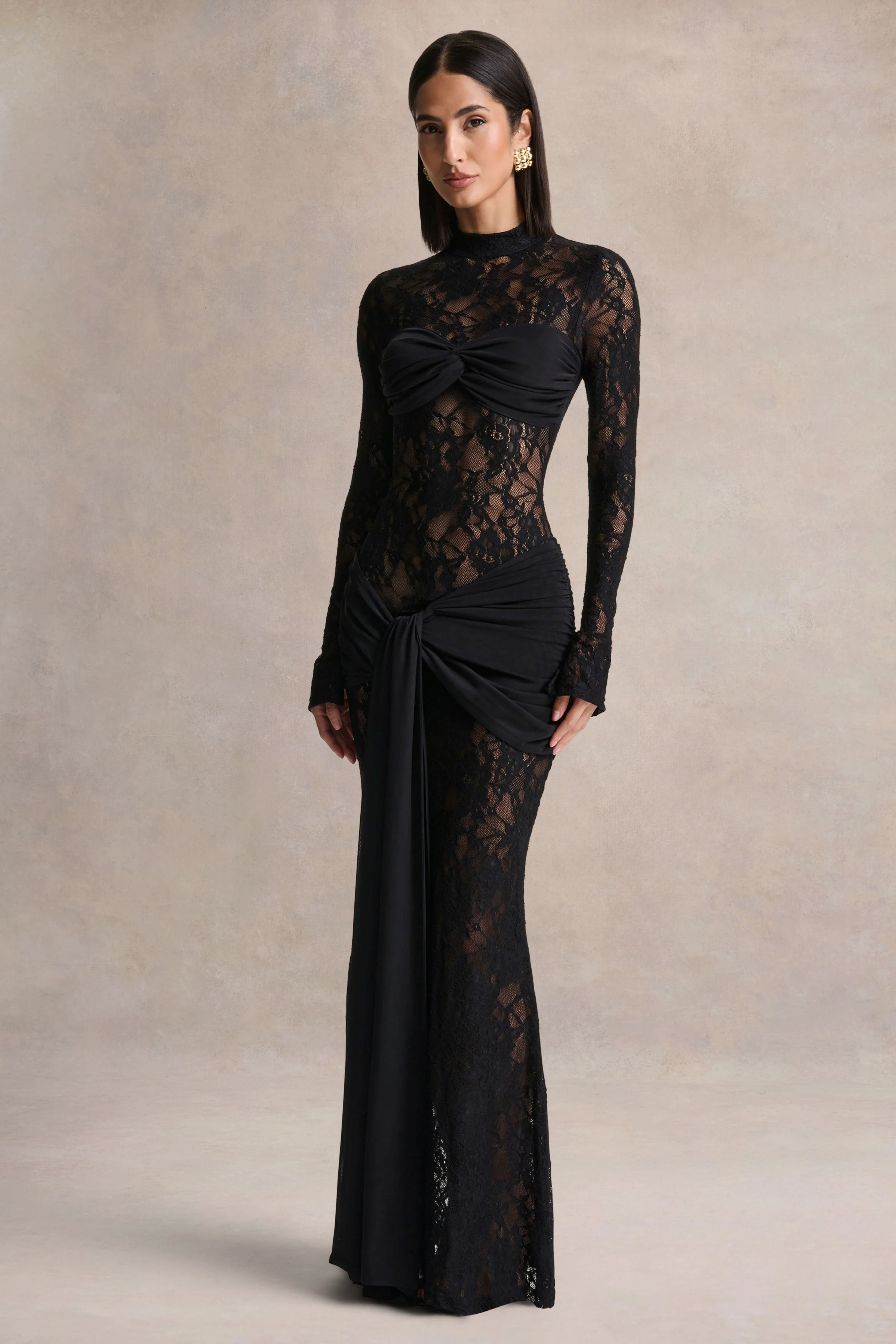 Akira | Black Sheer Lace Maxi Dress With Sash-Detail - Image 4