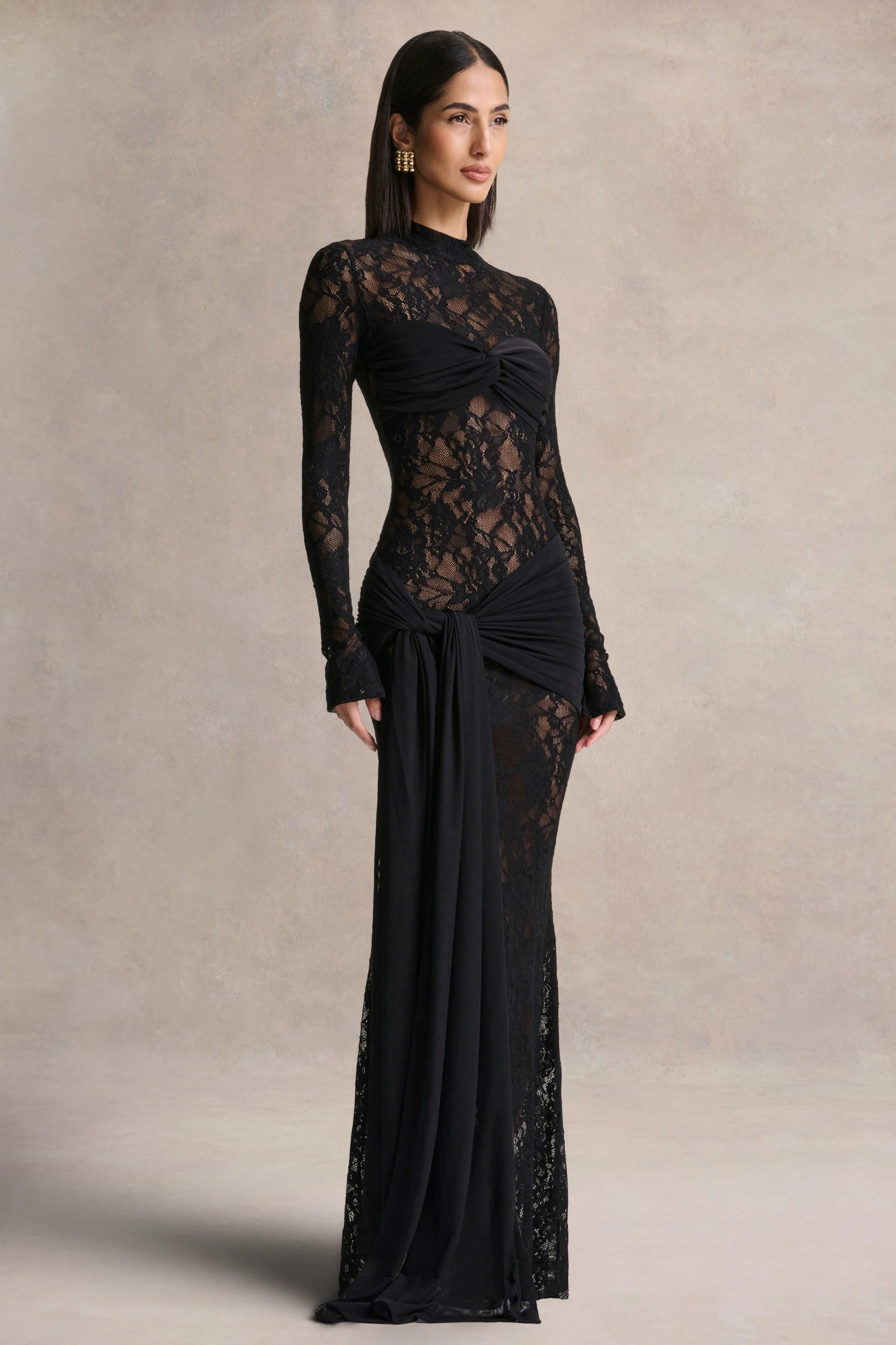Akira | Black Sheer Lace Maxi Dress With Sash-Detail - Image 5