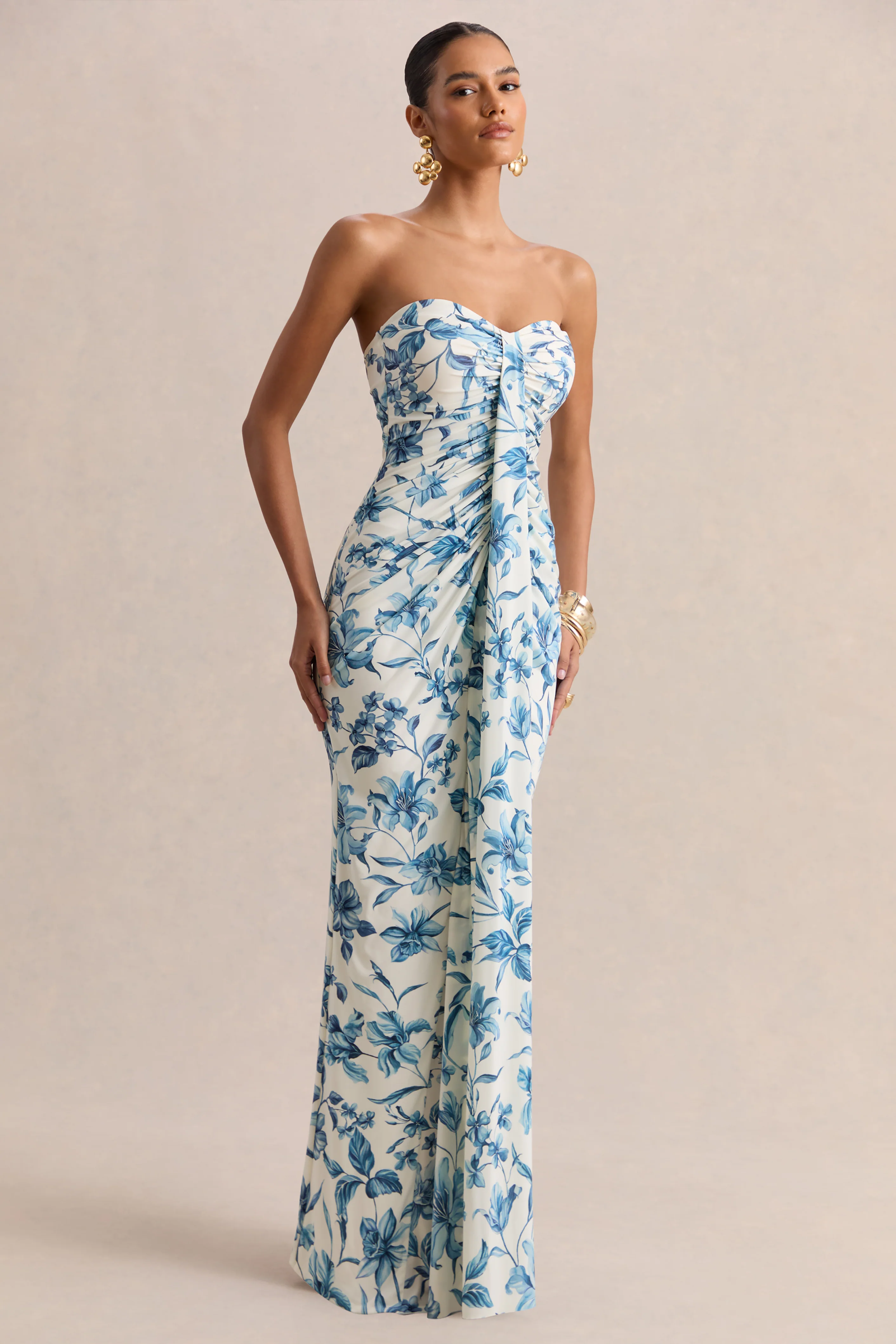 Ali | Blue Porcelain Print Sweetheart Ruched Wrap Maxi Dress - Image 6