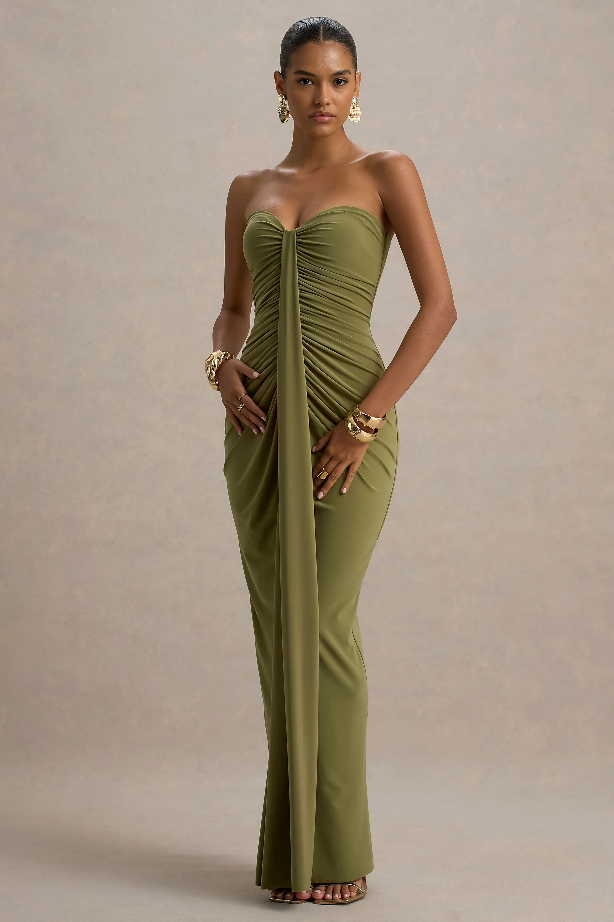 Ali | Olive Sweetheart Ruched Wrap Maxi Dress - Image 4