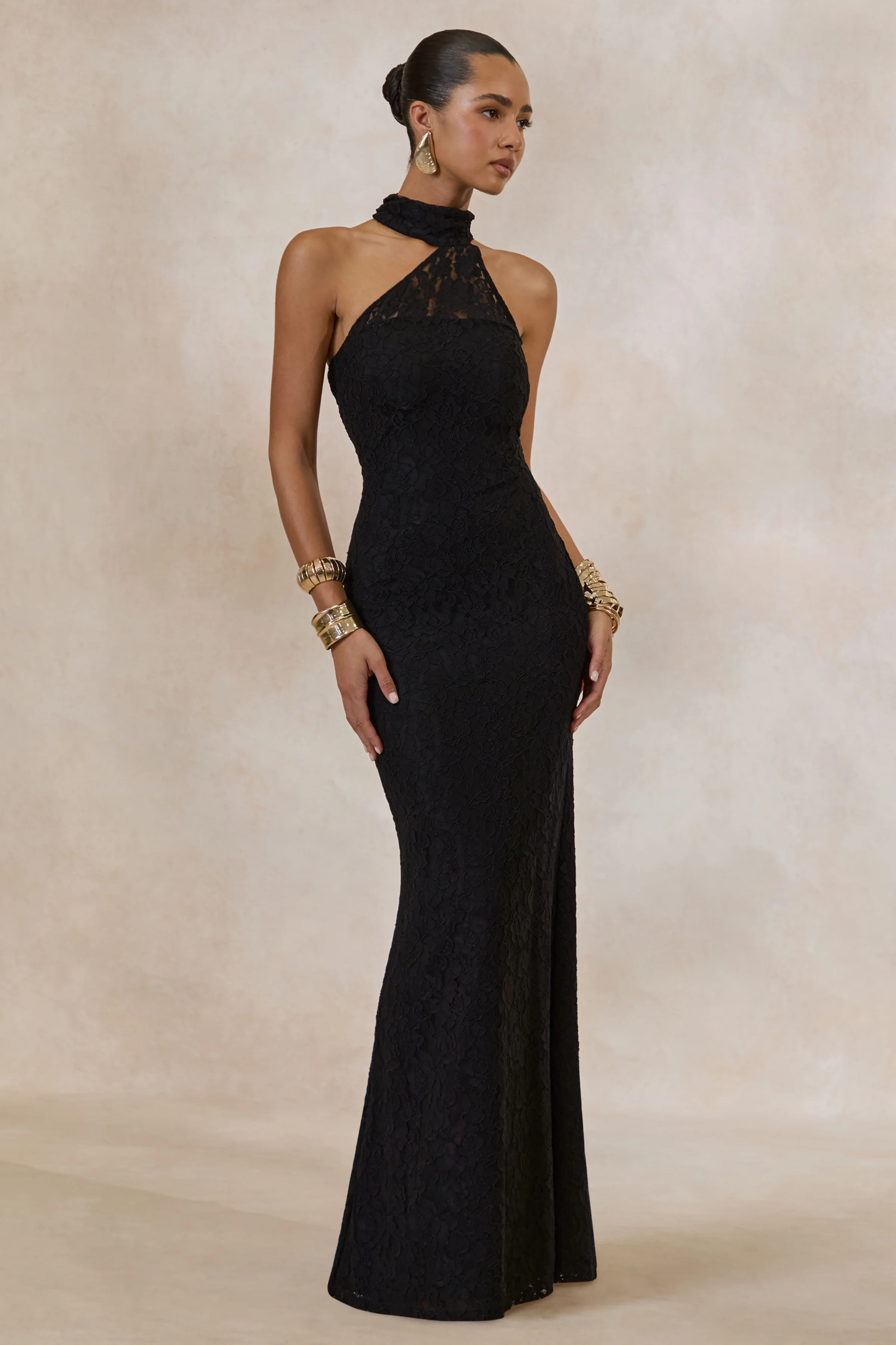 Almaria | Black Lace Asymmetric-Neck Maxi Dress With Collar-Detail - Image 4