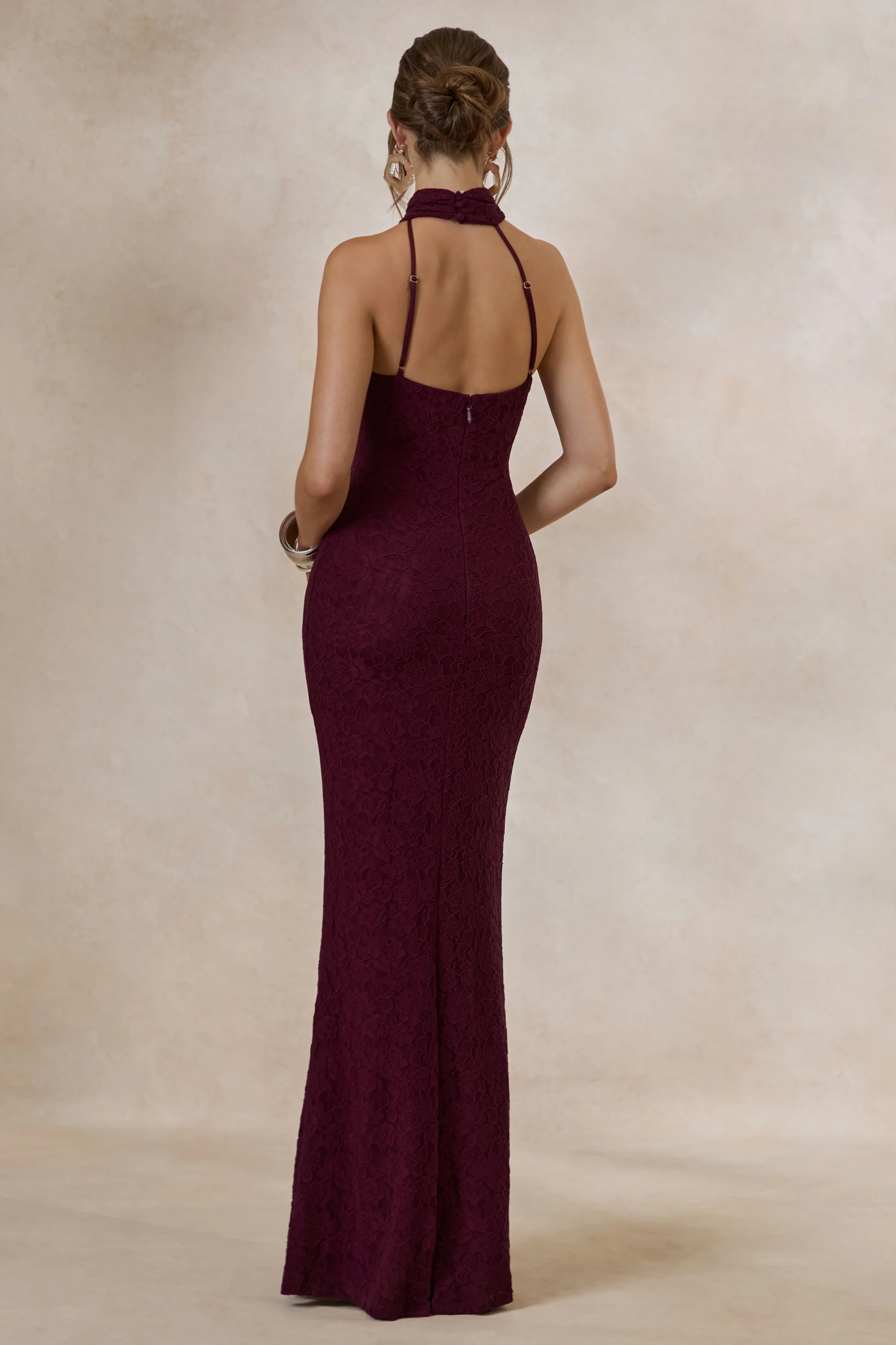 Almaria | Burgundy Lace Asymmetric-Neck Maxi Dress With Collar-Detail - Image 2