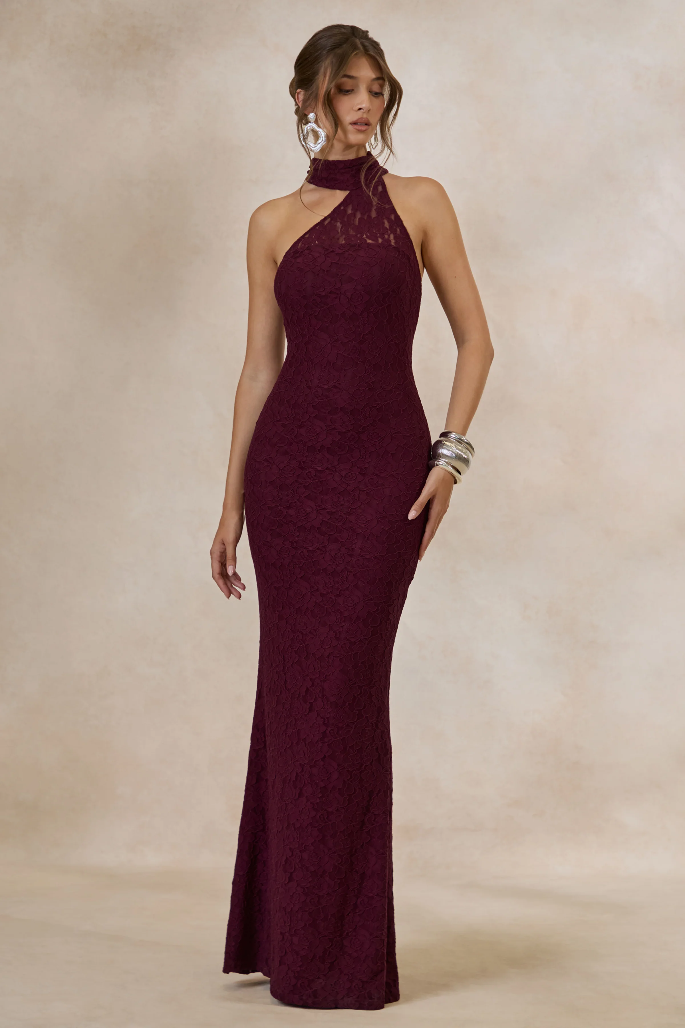 Almaria | Burgundy Lace Asymmetric-Neck Maxi Dress With Collar-Detail - Image 5