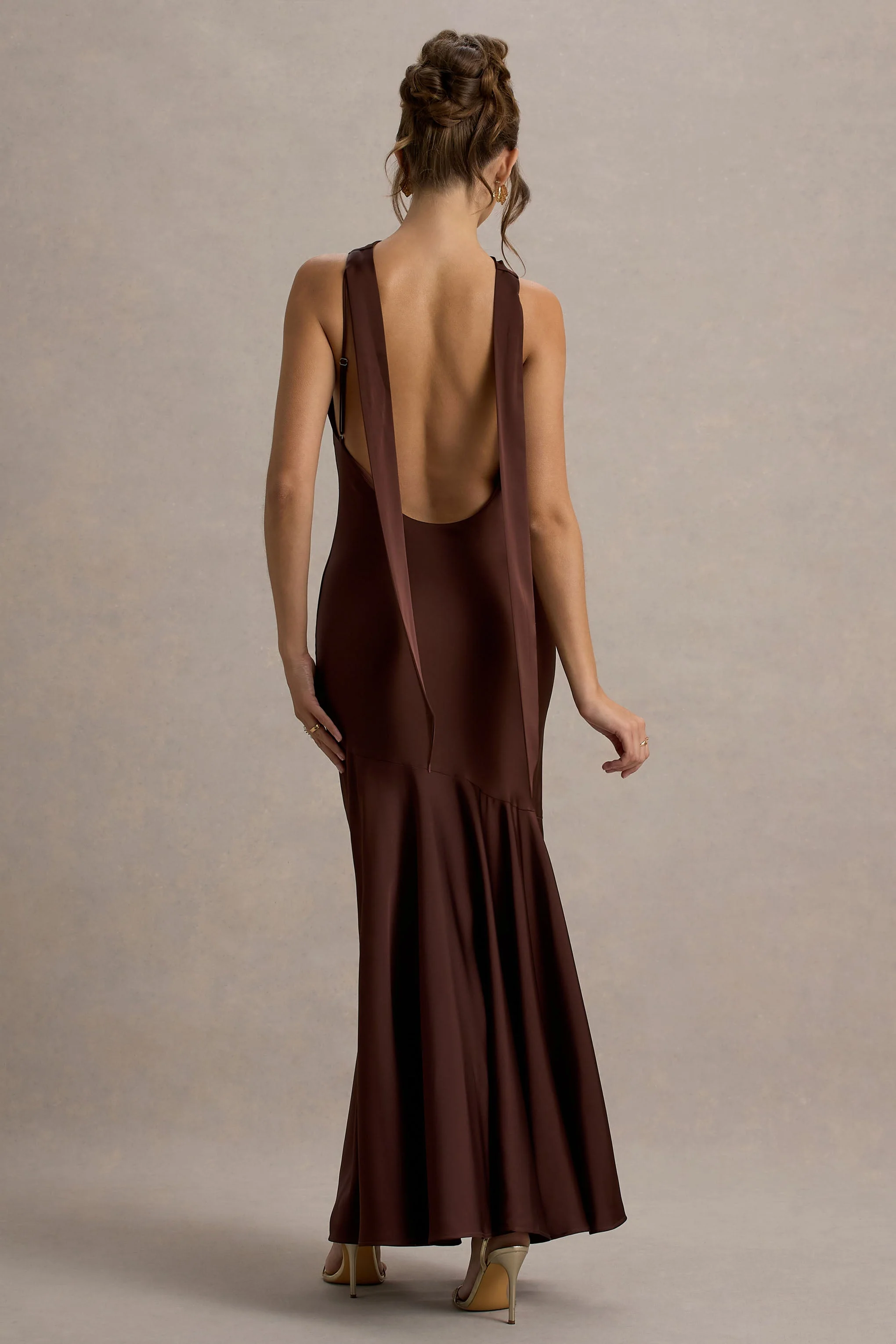 Amelita | Brown Satin Cowl-Neck Maxi Dress - Image 2