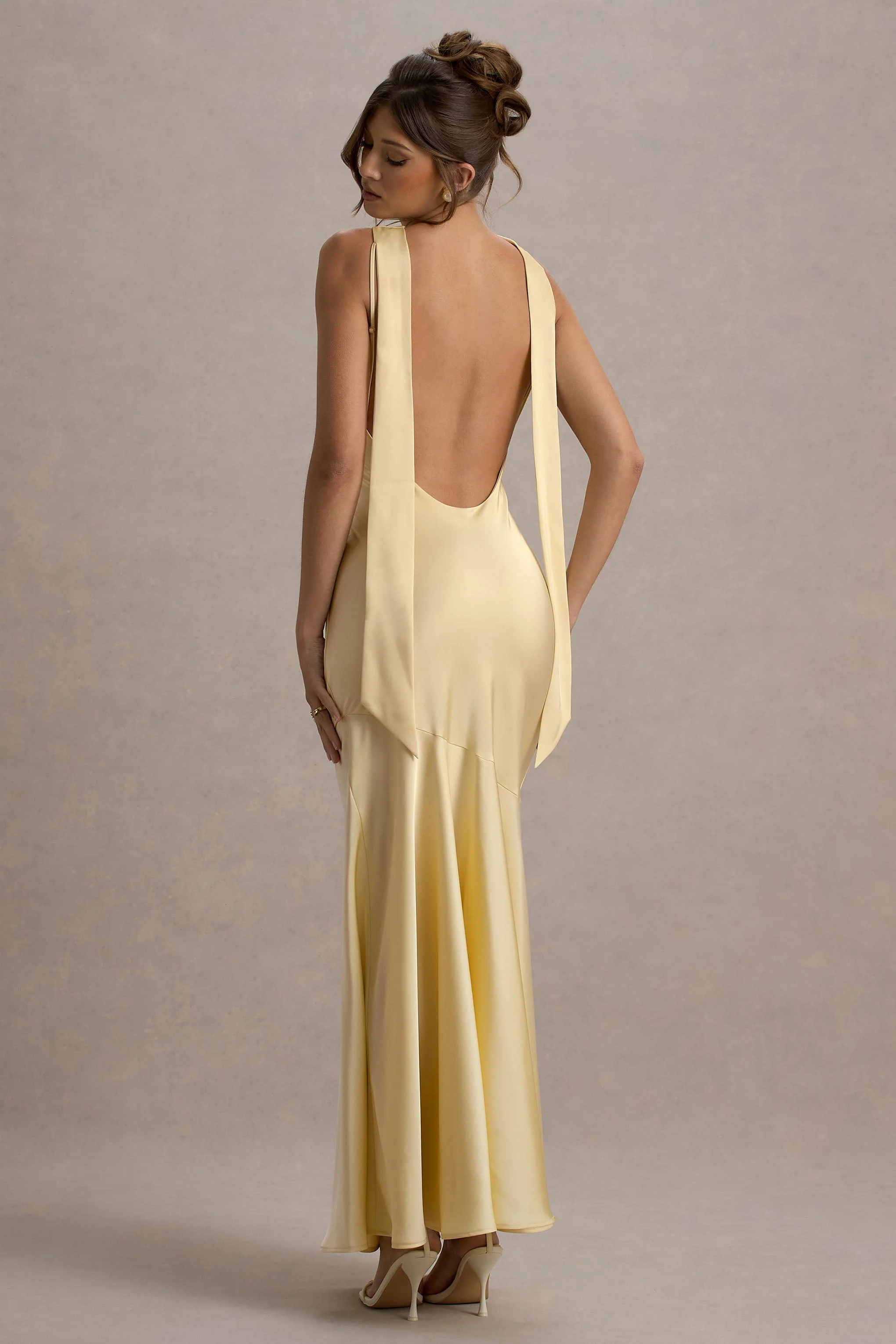 Amelita | Lemon Satin Cowl-Neck Maxi Dress - Image 2