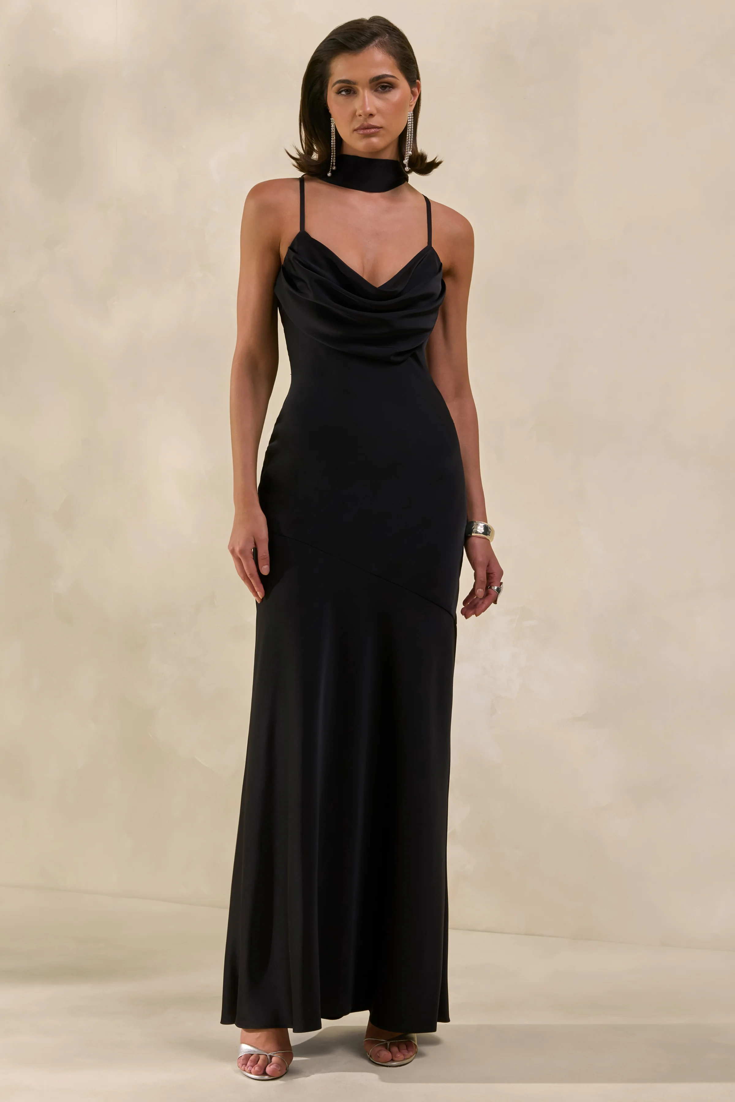 Anarelle | Black Satin Cowl-Neck Maxi Dress