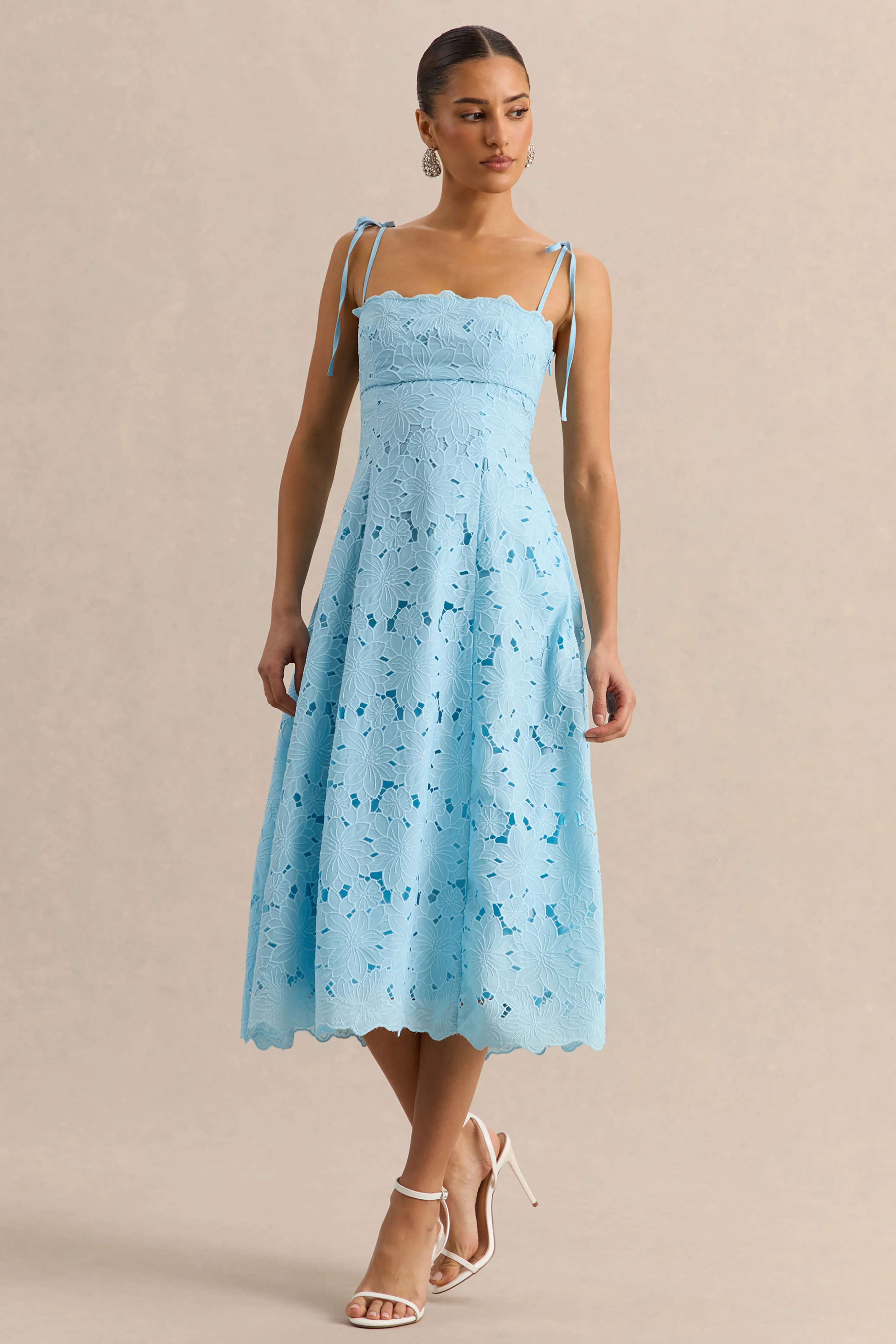 Anna | Embroidered Powder Blue Square-Neck Midi Dress - Image 2