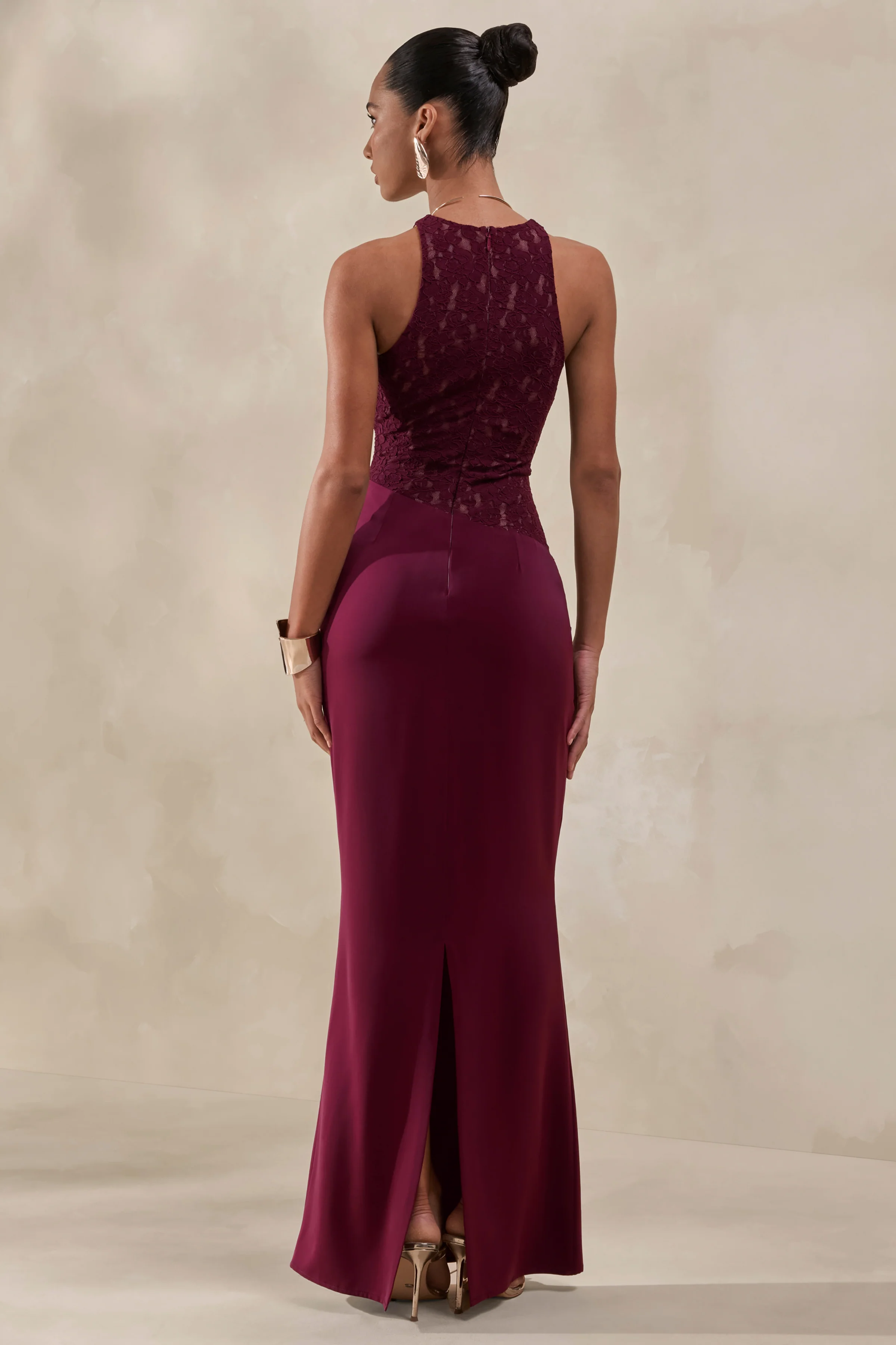 Anthelia | Burgundy Lace And Satin Racer-Neck Maxi Dress With Draped-Detail - Image 2