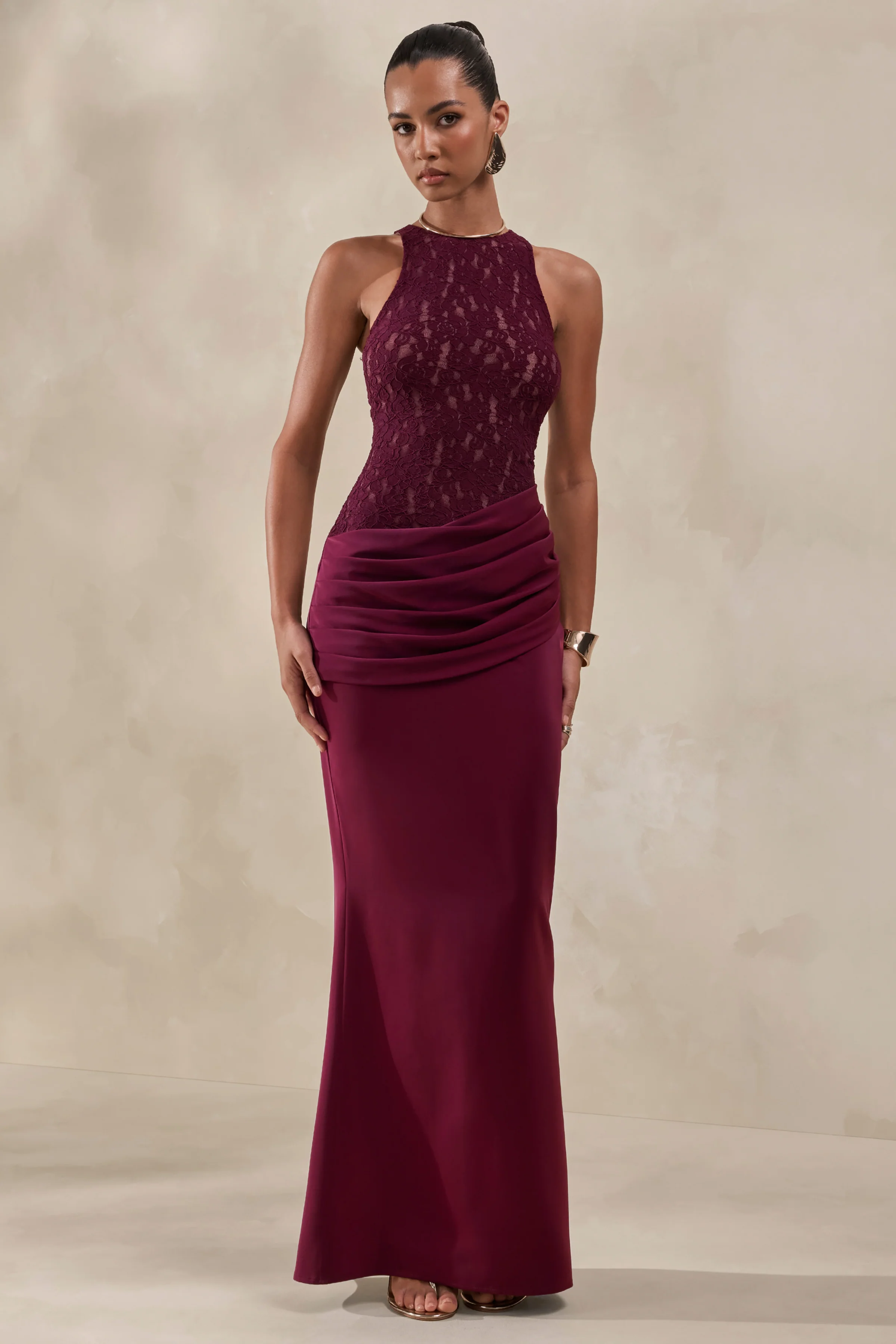 Anthelia | Burgundy Lace And Satin Racer-Neck Maxi Dress With Draped-Detail - Image 5