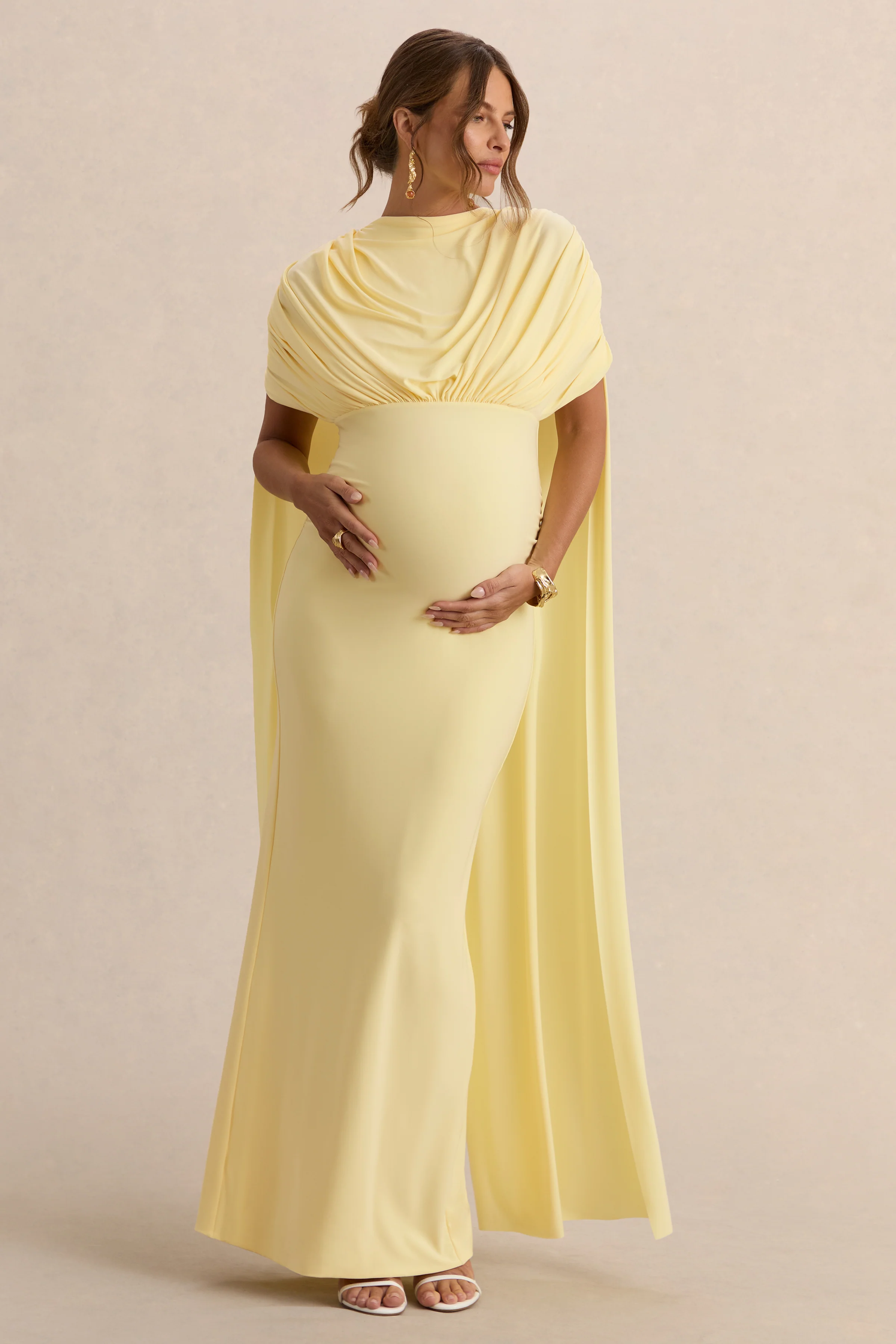 Araminta | Lemon Bardot-Neck Maternity Maxi Dress With Cape Sleeves