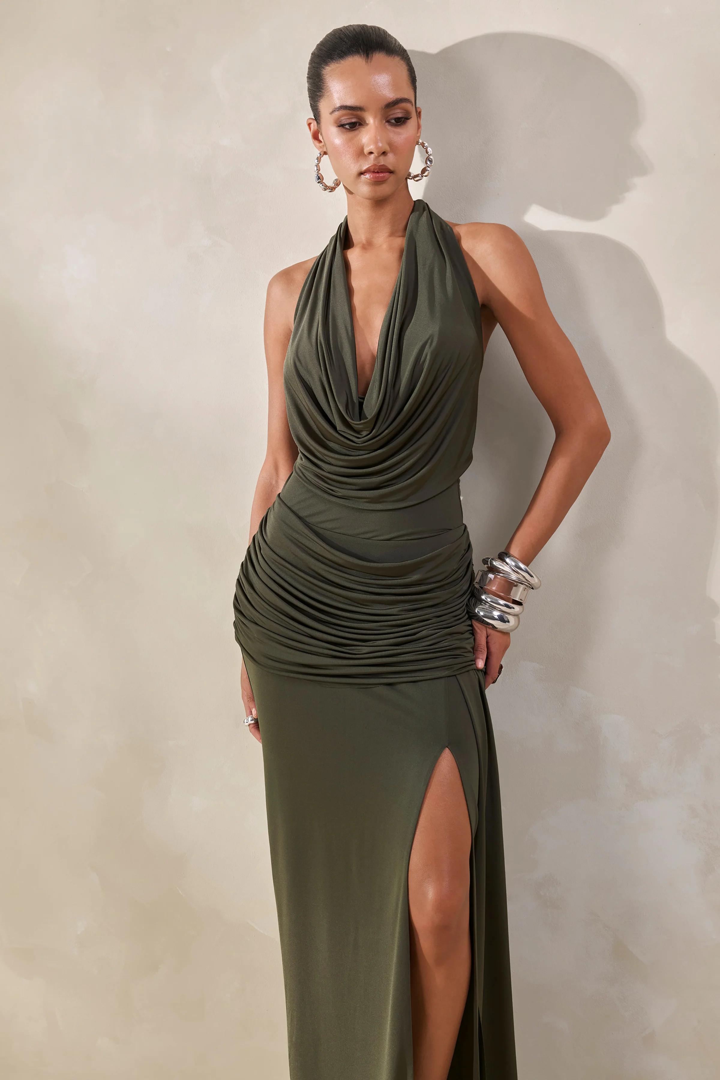 Ariadne | Khaki Draped Maxi Skirt With Split - Image 6