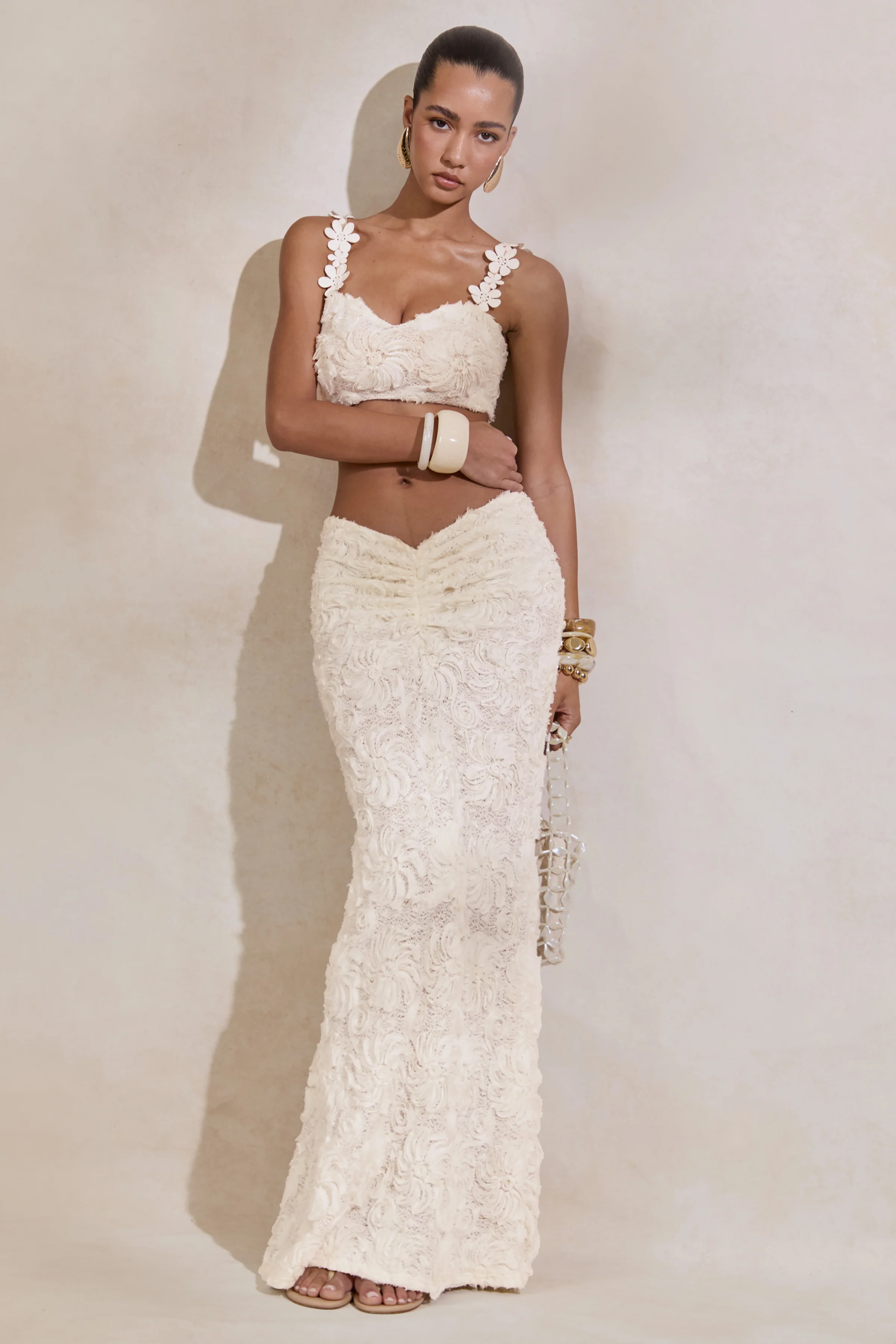 Arlina | White Lace Maxi Skirt With Gathered Detailing - Image 12