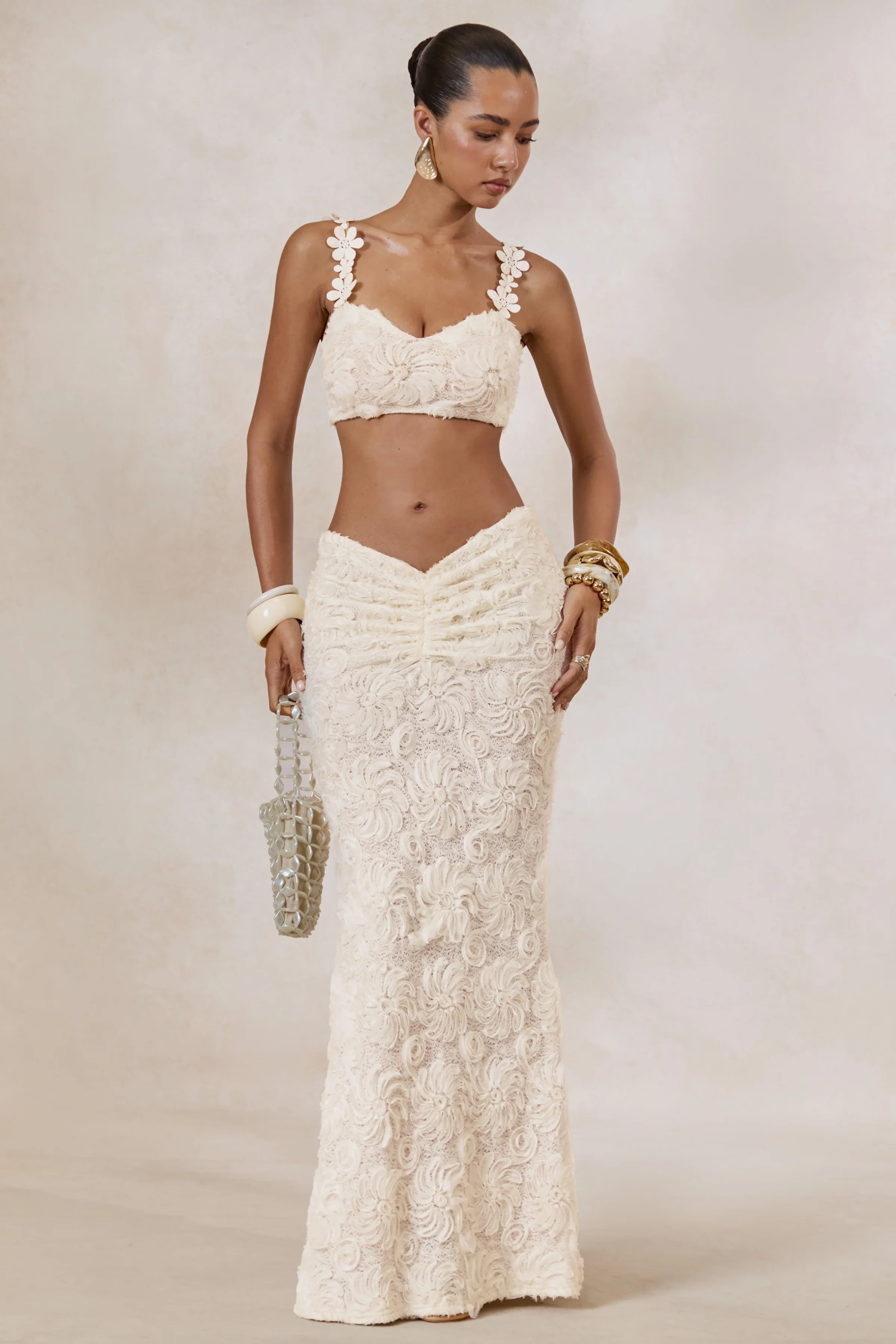 Arlina | White Lace Maxi Skirt With Gathered Detailing - Image 2