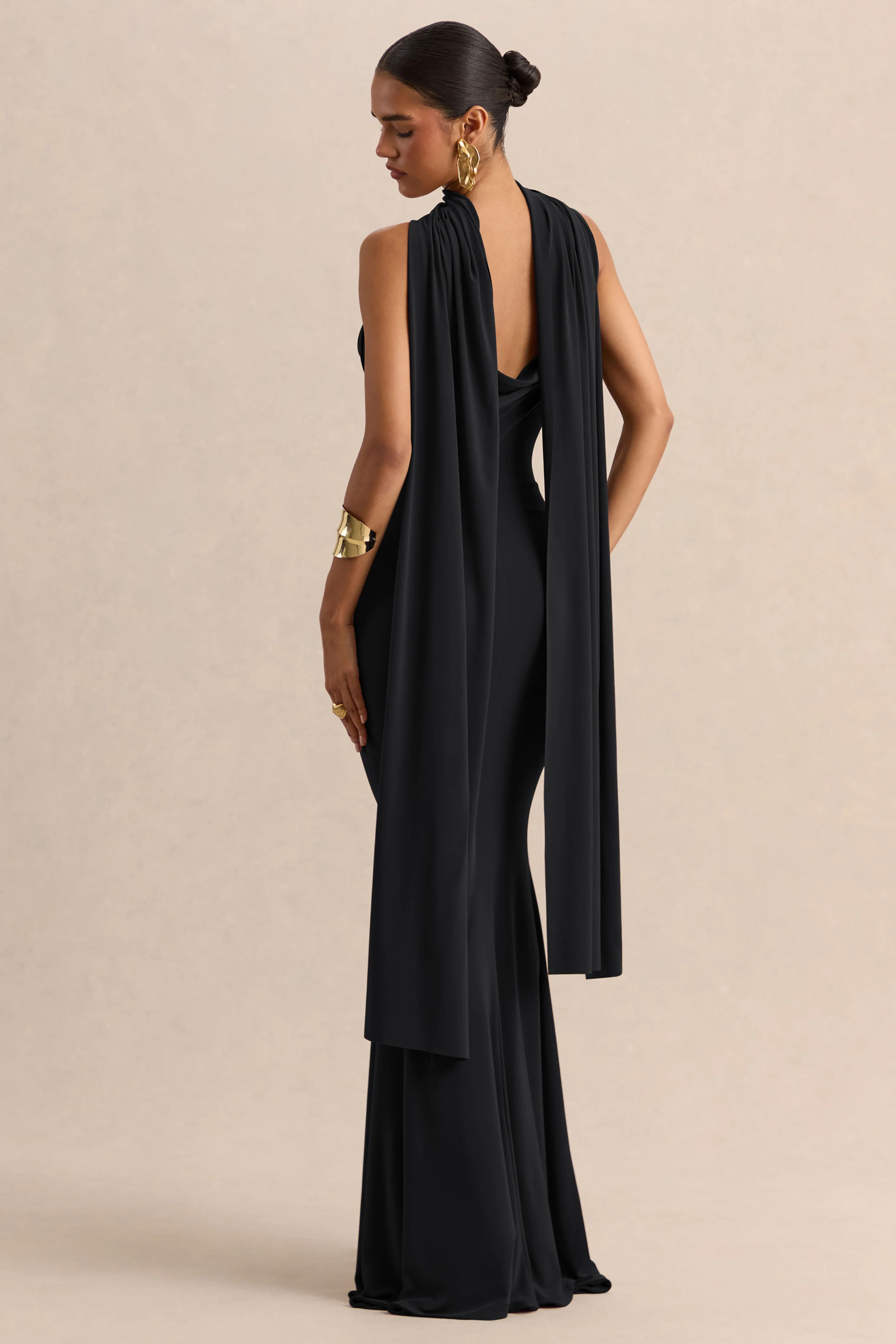Armelia | Black Cowl-Neck Maxi Dress With Scarf-Detail - Image 4