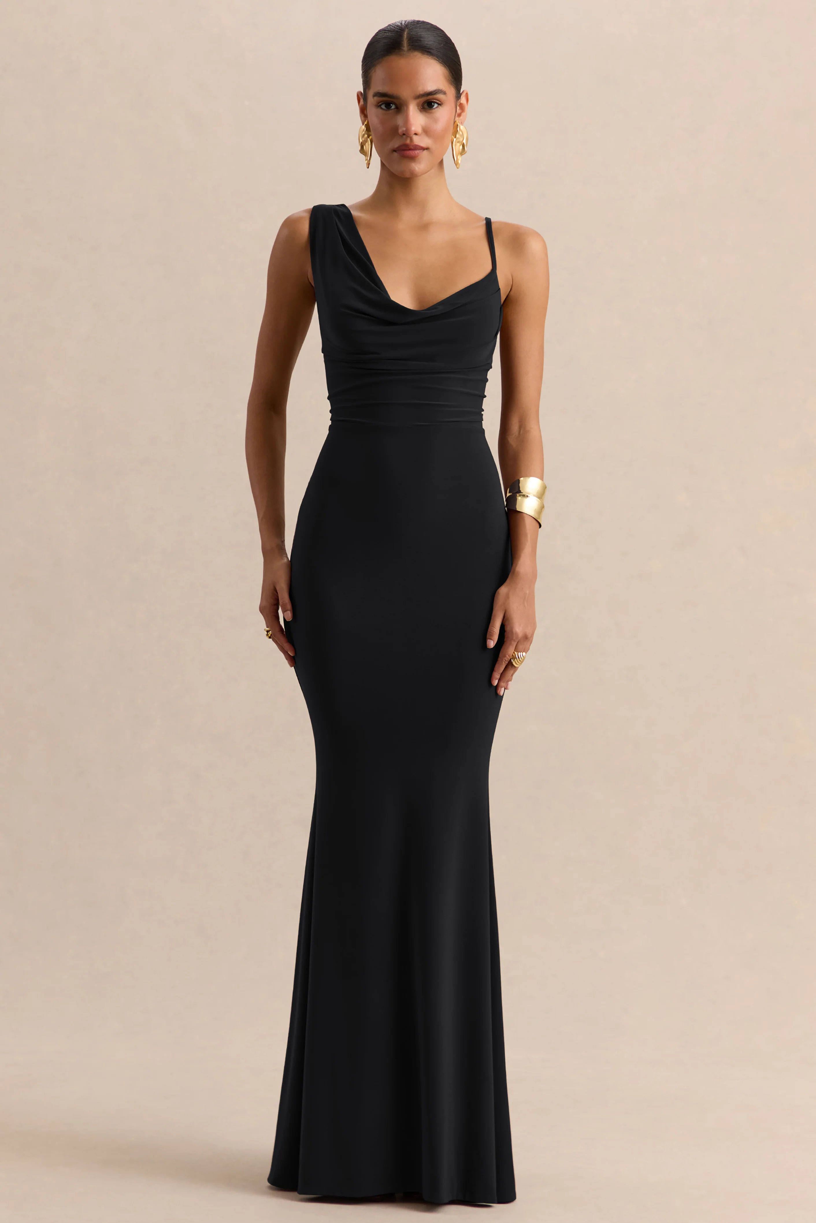 Armelia | Black Cowl-Neck Maxi Dress With Scarf-Detail - Image 5