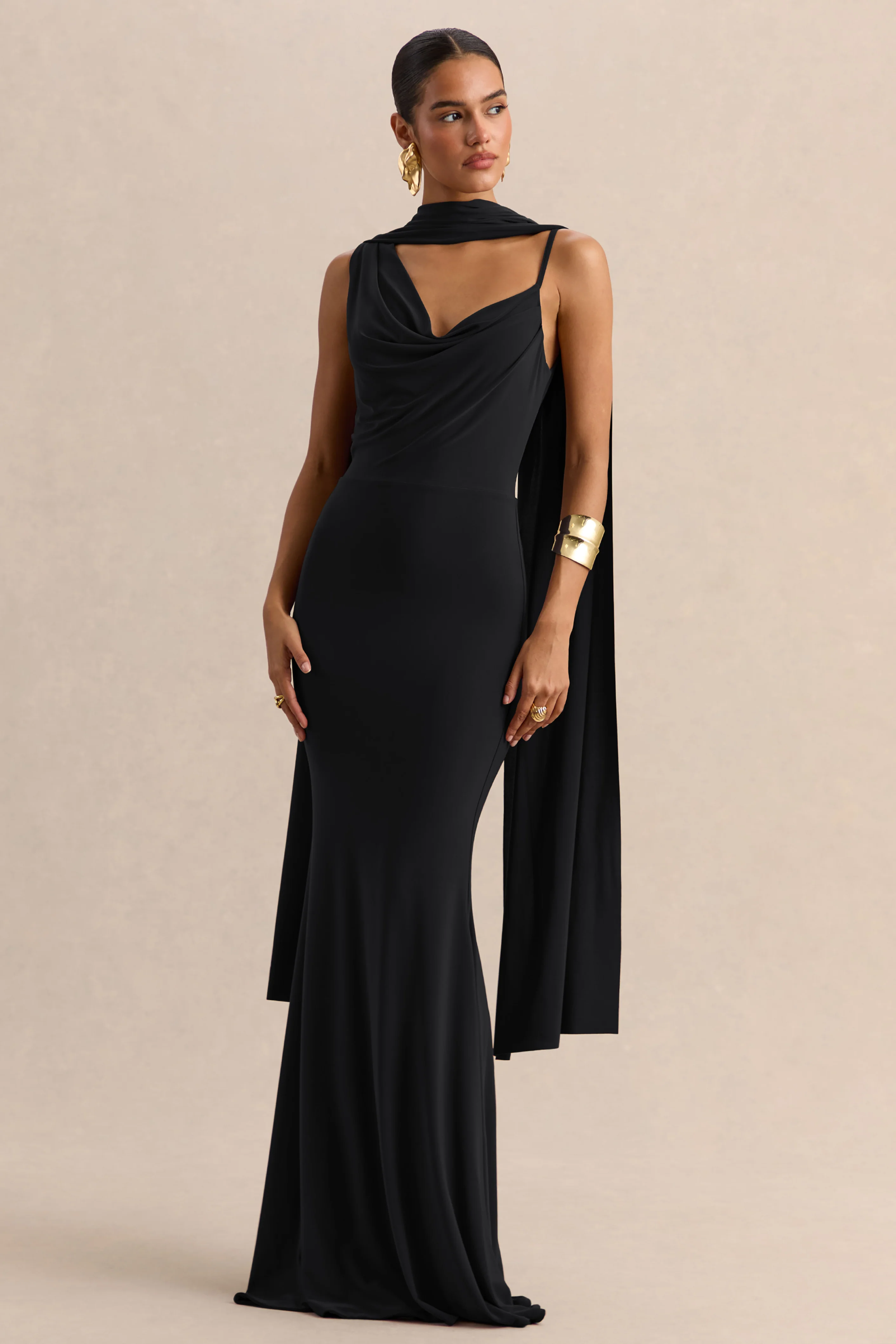 Armelia | Black Cowl-Neck Maxi Dress With Scarf-Detail - Image 6