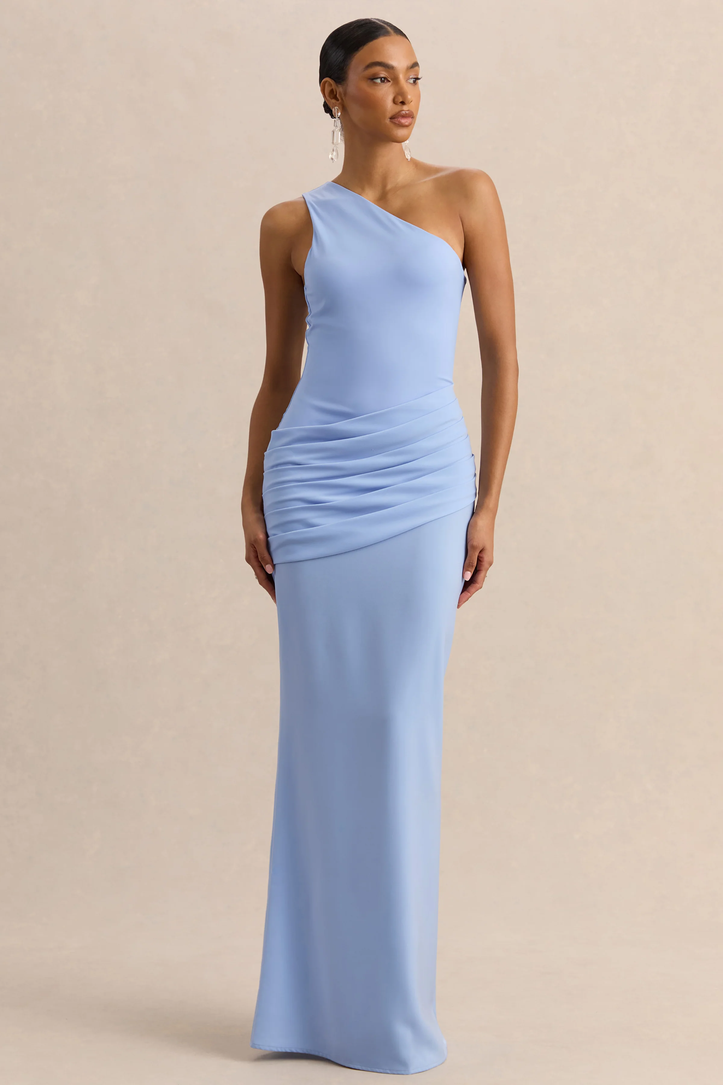 Arovia | Powder Blue Satin Asymmetric-Neck Maxi Dress With Draped-Detail