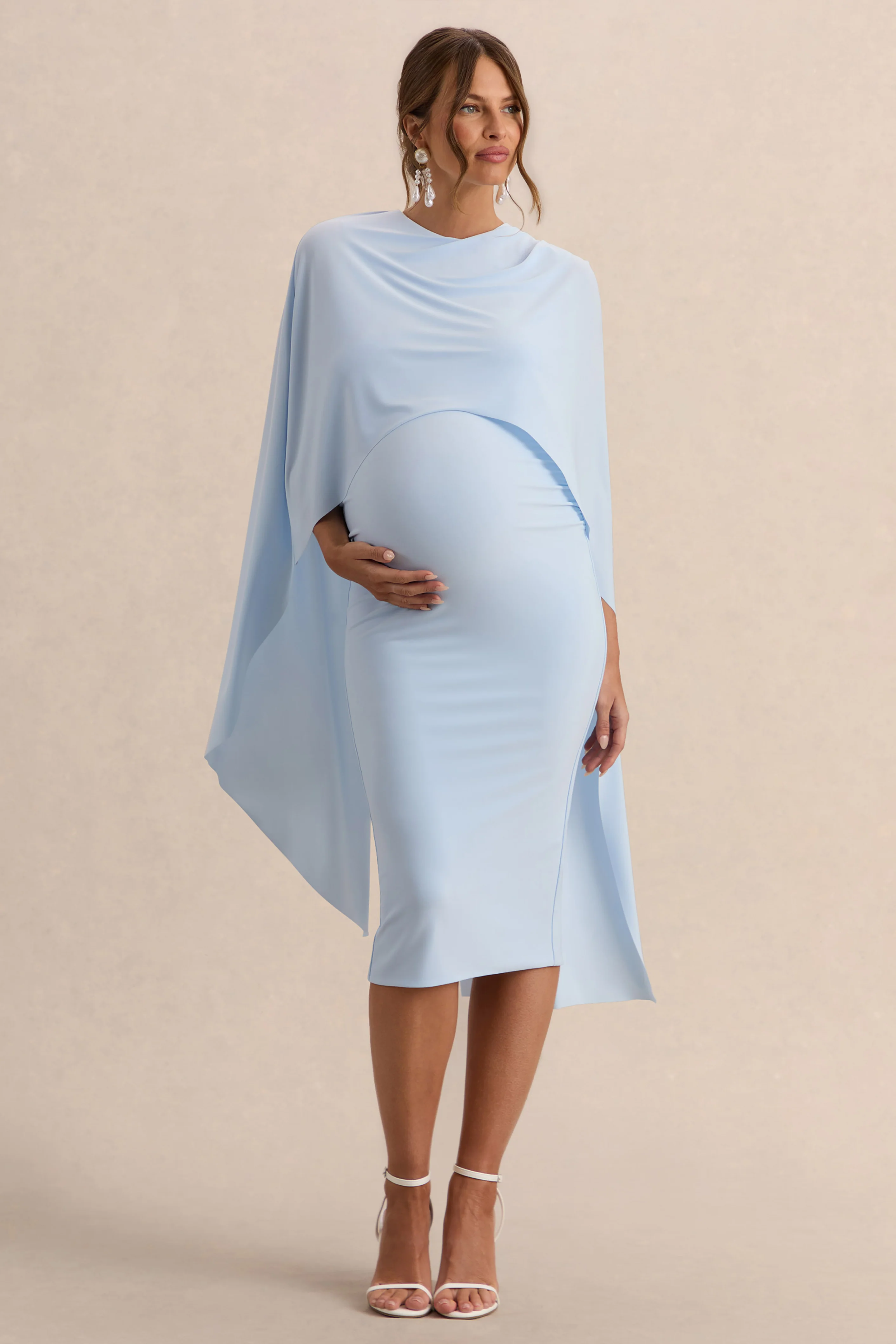 Arwen | Powder Blue Round-Neck Maternity Midi Dress With Cape Detail - Image 6