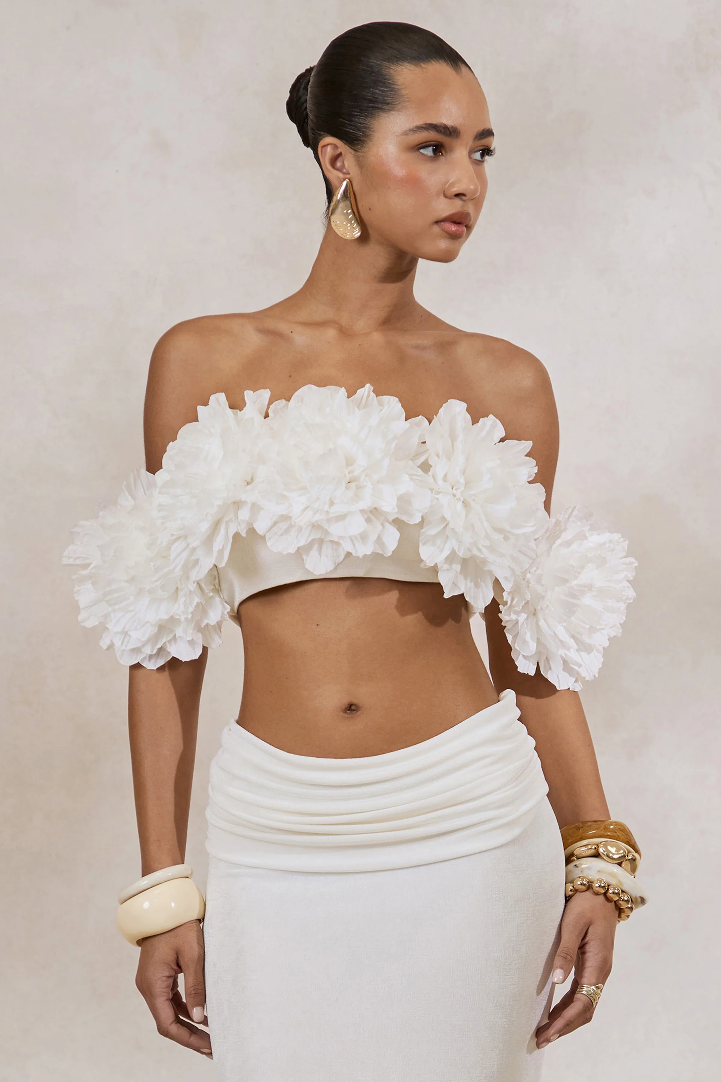 Arwenne | White Bardot-Neck Crop-Top With Corsage Detailing - Image 2