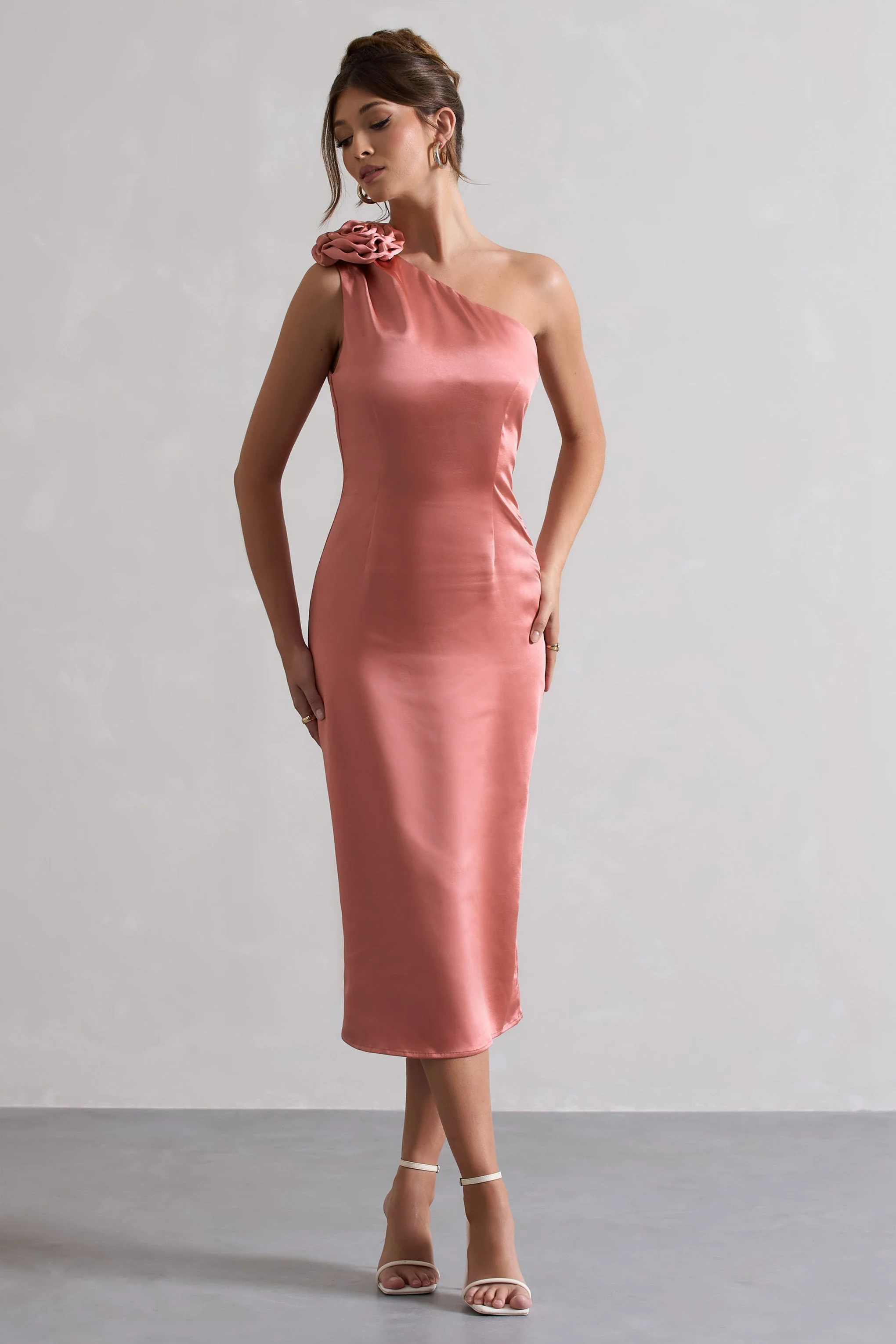 Ascot | Coral Satin One Shoulder Midi Dress With Corsage - Image 4
