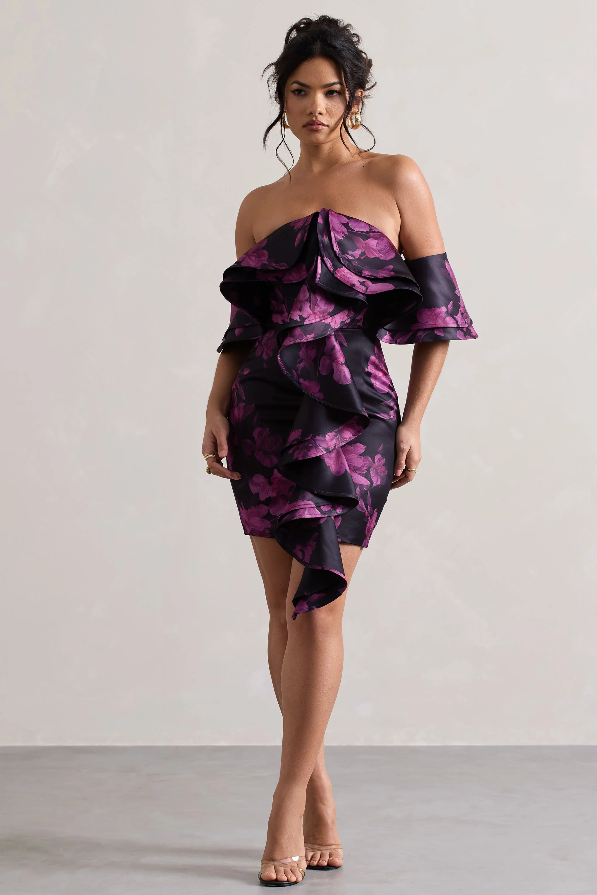 Aspen | Black Floral Print Bardot Mini Dress With Ruffles - Image 3