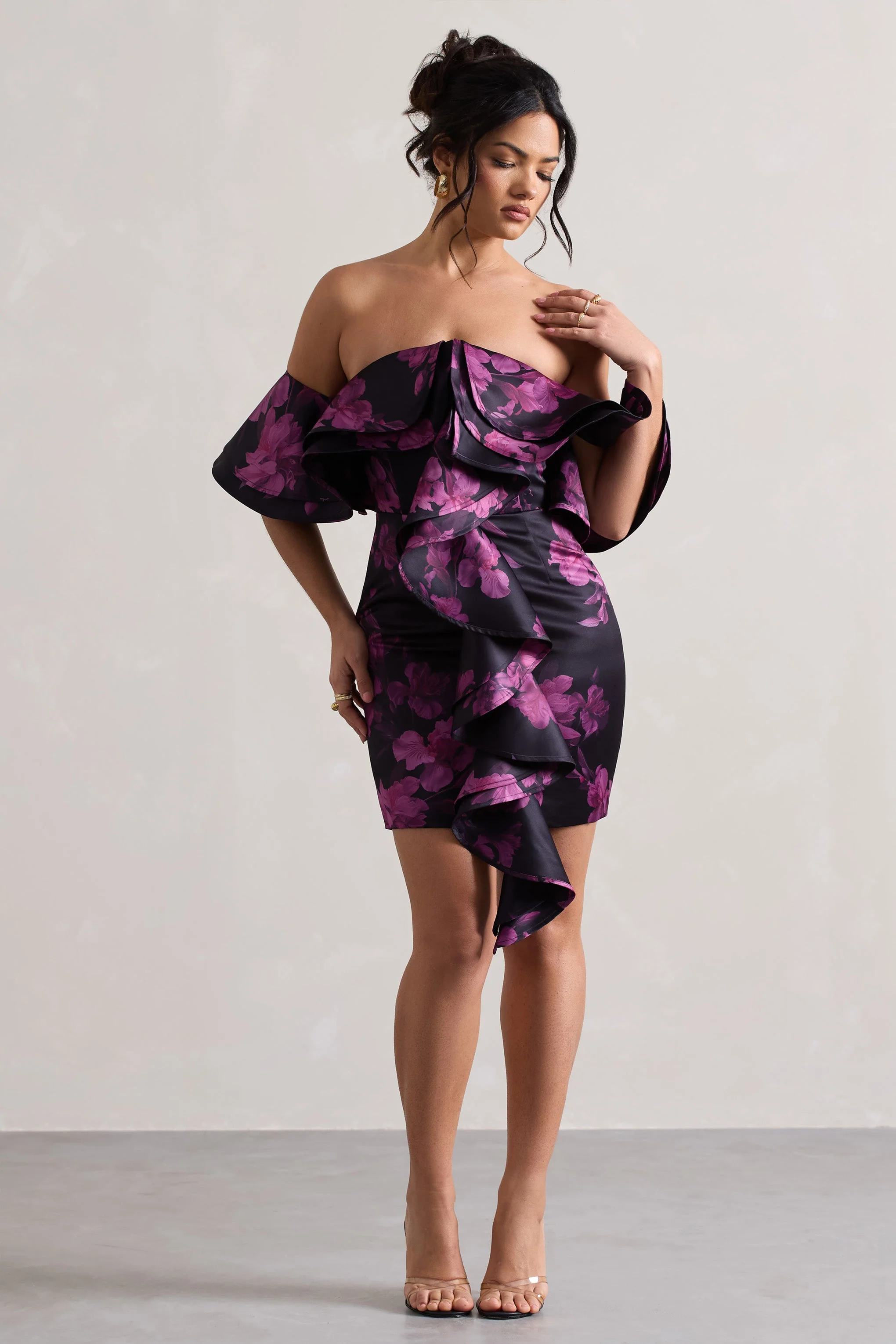 Aspen | Black Floral Print Bardot Mini Dress With Ruffles - Image 4