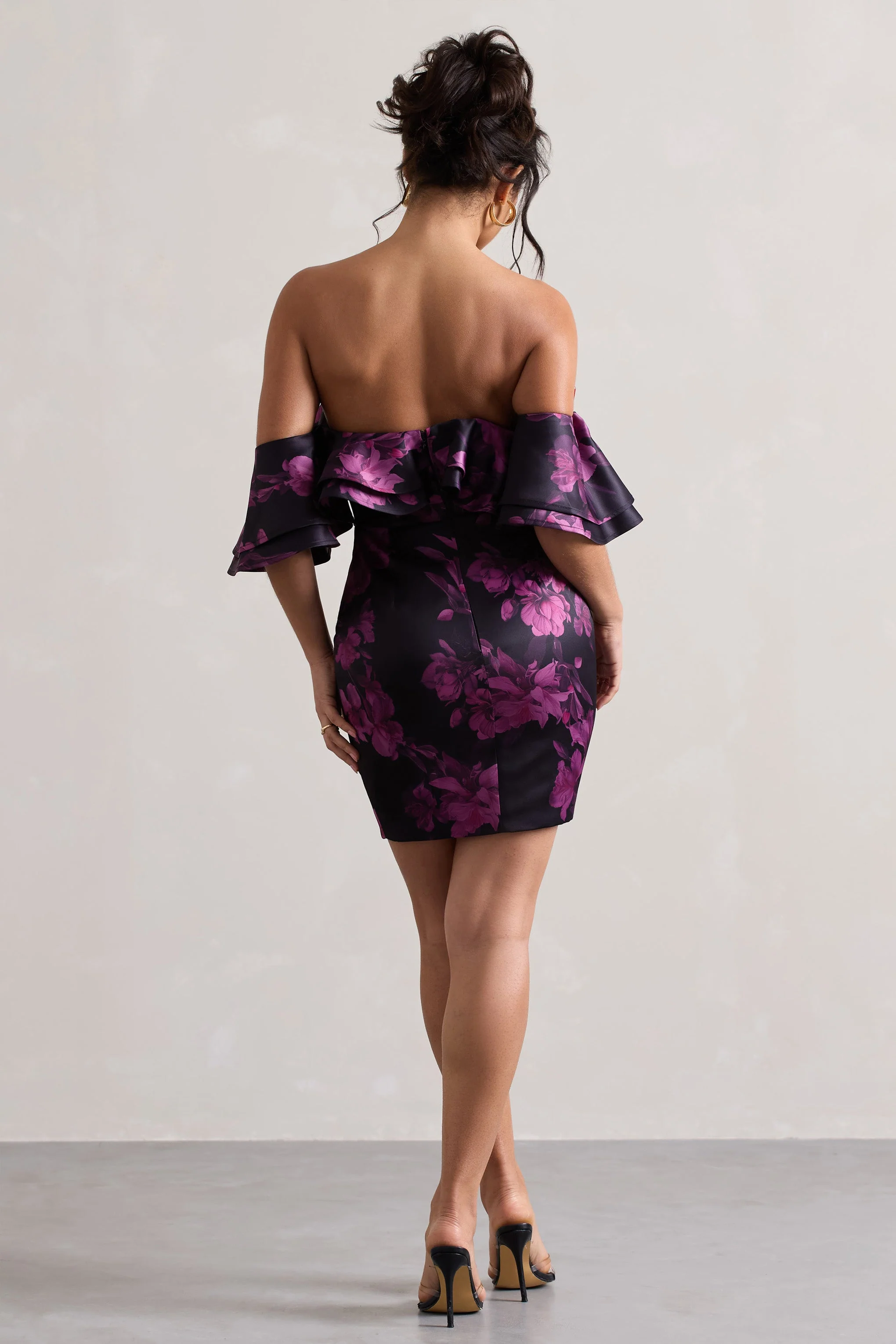 Aspen | Black Floral Print Bardot Mini Dress With Ruffles - Image 5