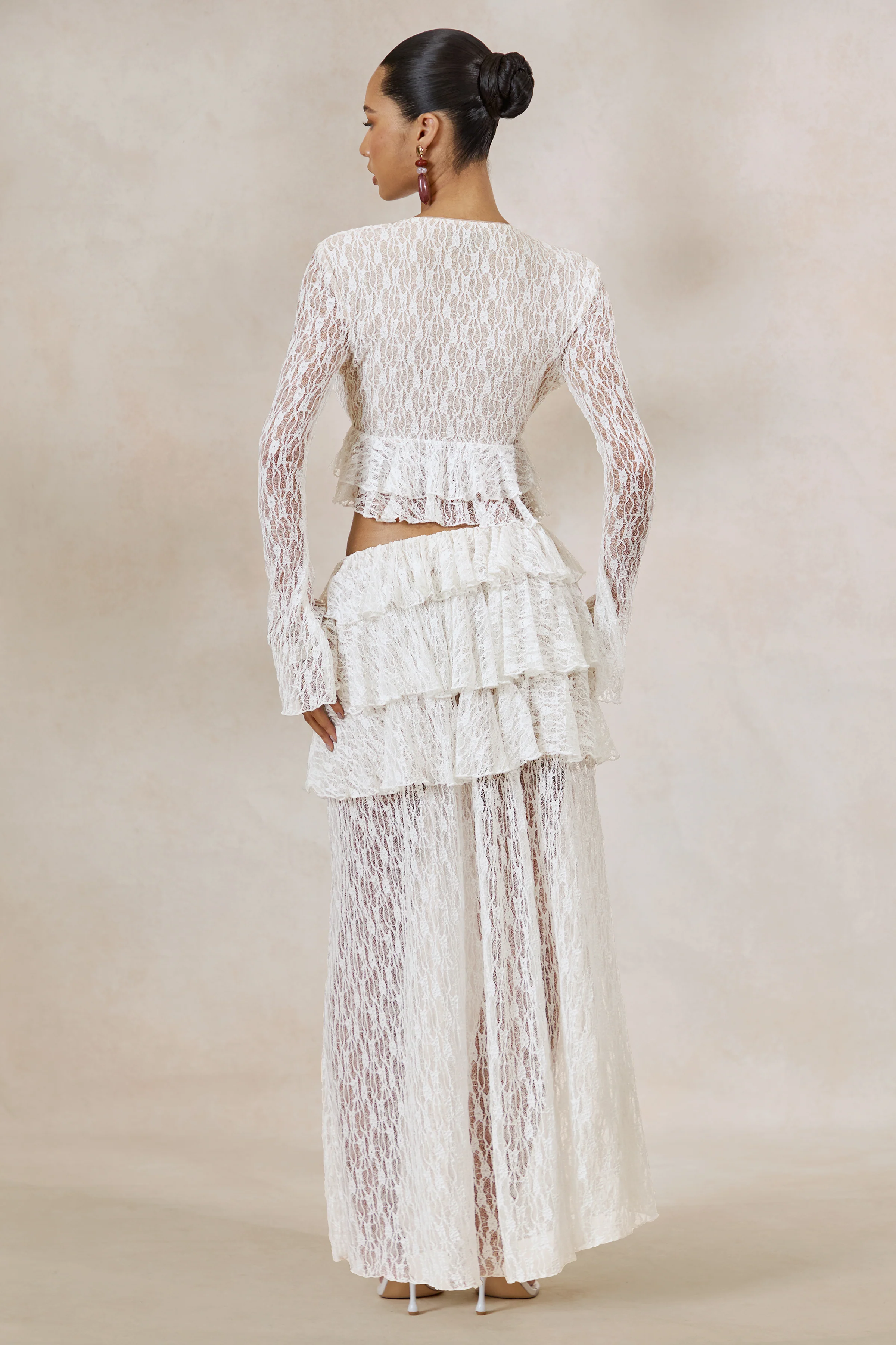 Astella | White Lace Asymmetric-Waist Maxi Skirt With Ruffled Detailing - Image 4