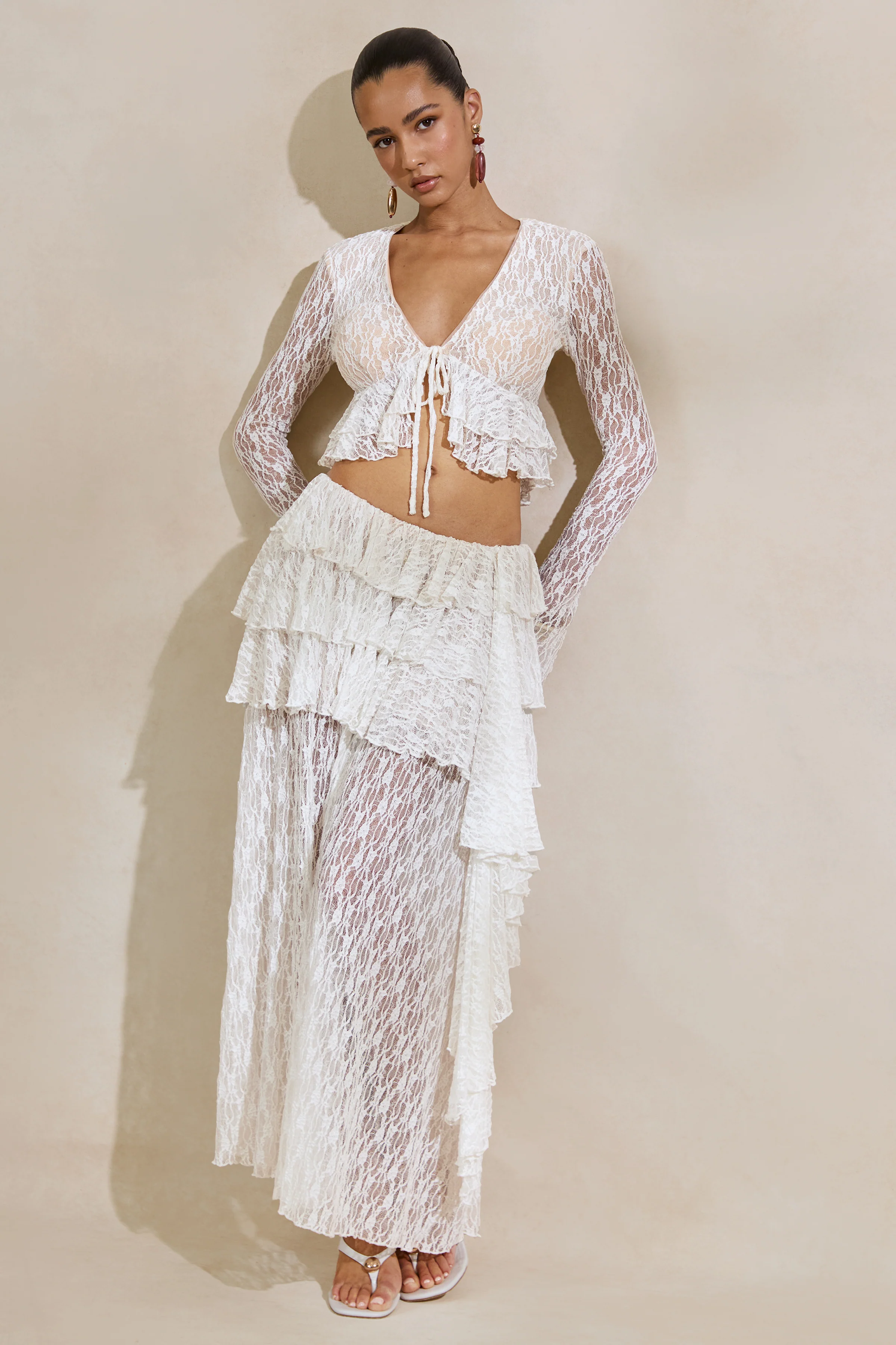 Astella | White Lace Plunge-Neck Top With Ruffled Trim - Image 10
