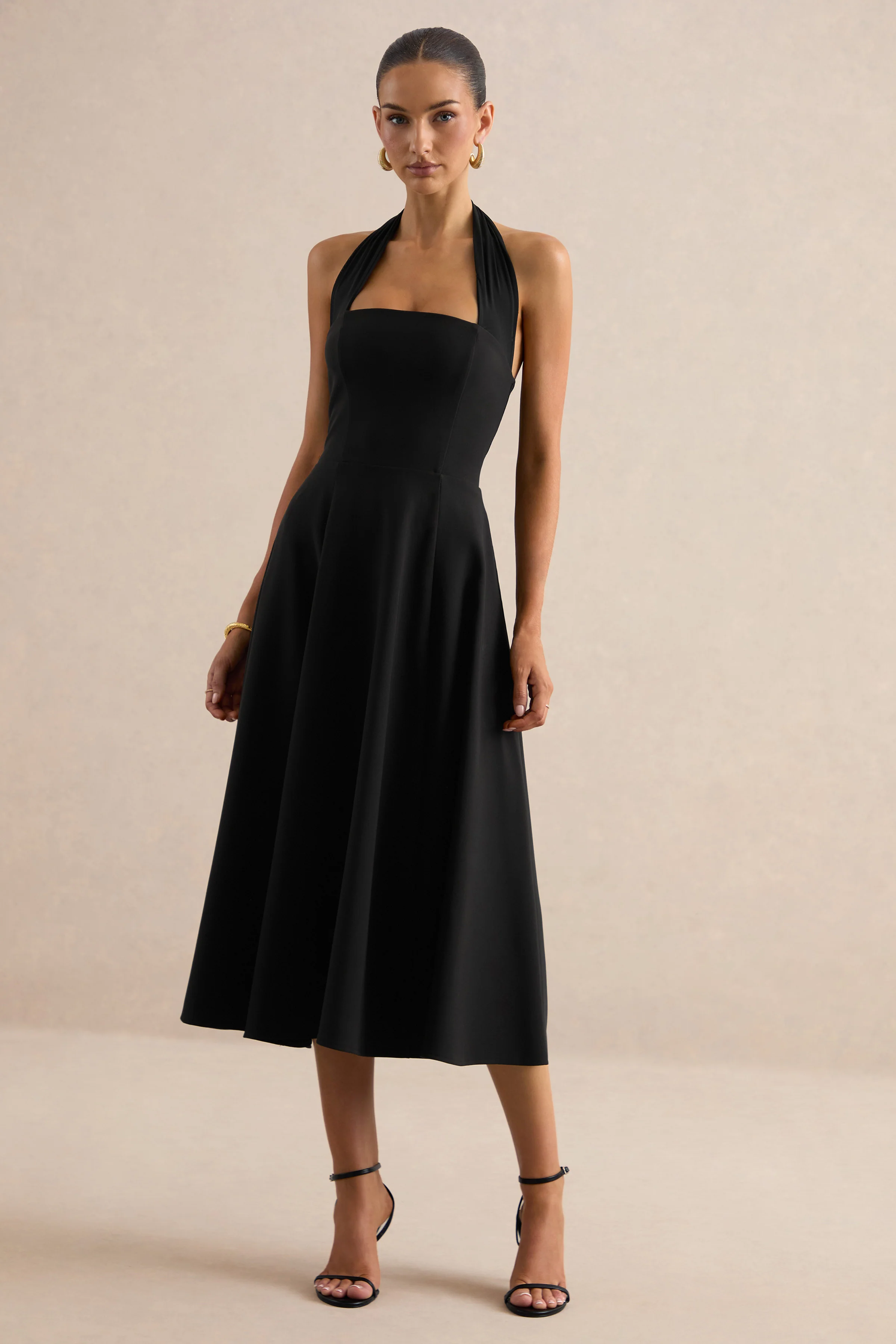 Auburn | Black Halter Skater Midi Dress - Image 5