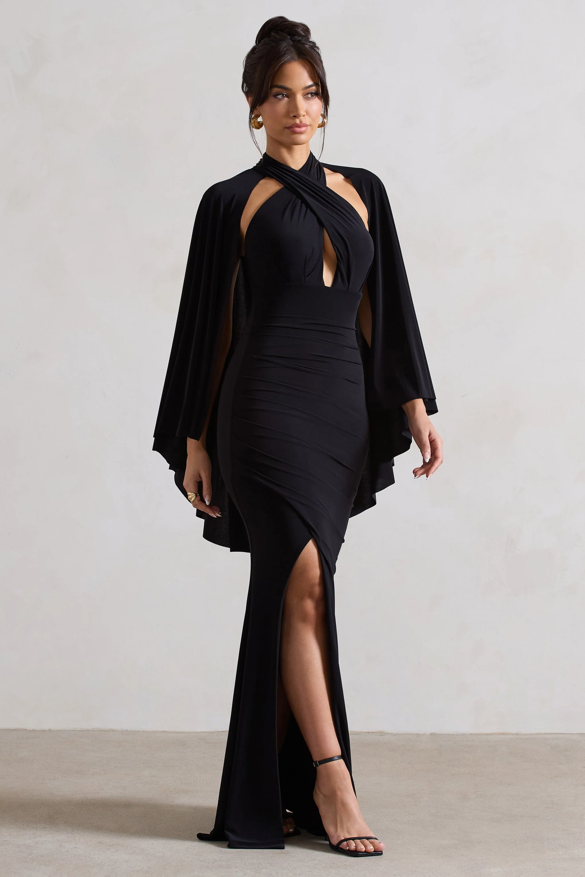 Audrina | Black Ruched Halter-Neck Split Maxi Dress With Cape - Image 3