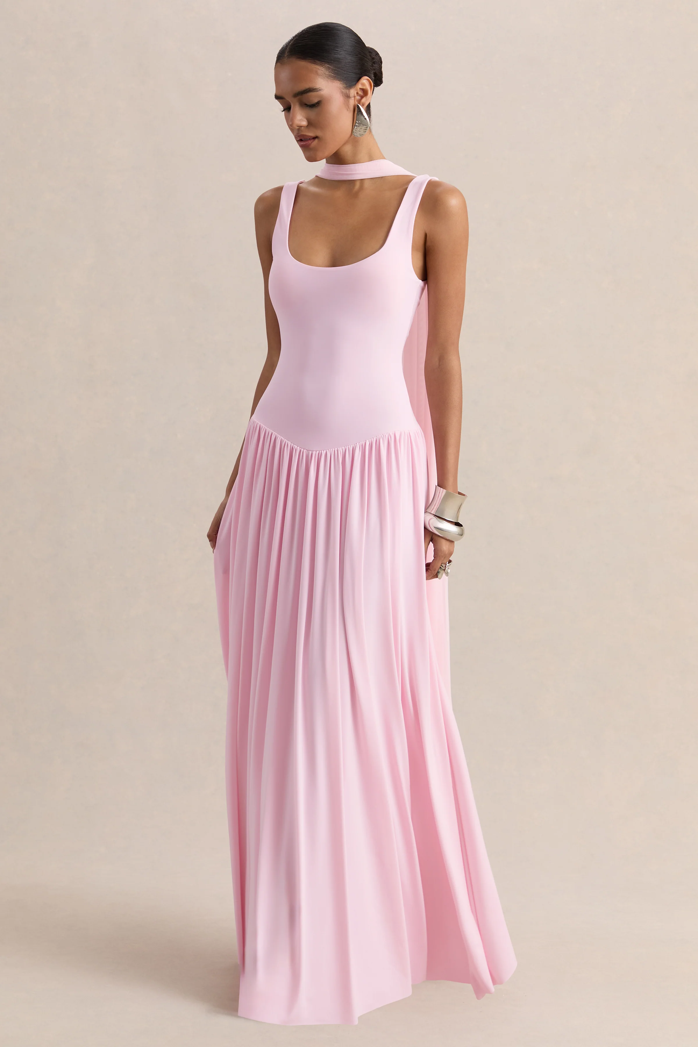 Aurina | Pink Square-Neck Maxi Dress With Cape - Image 5