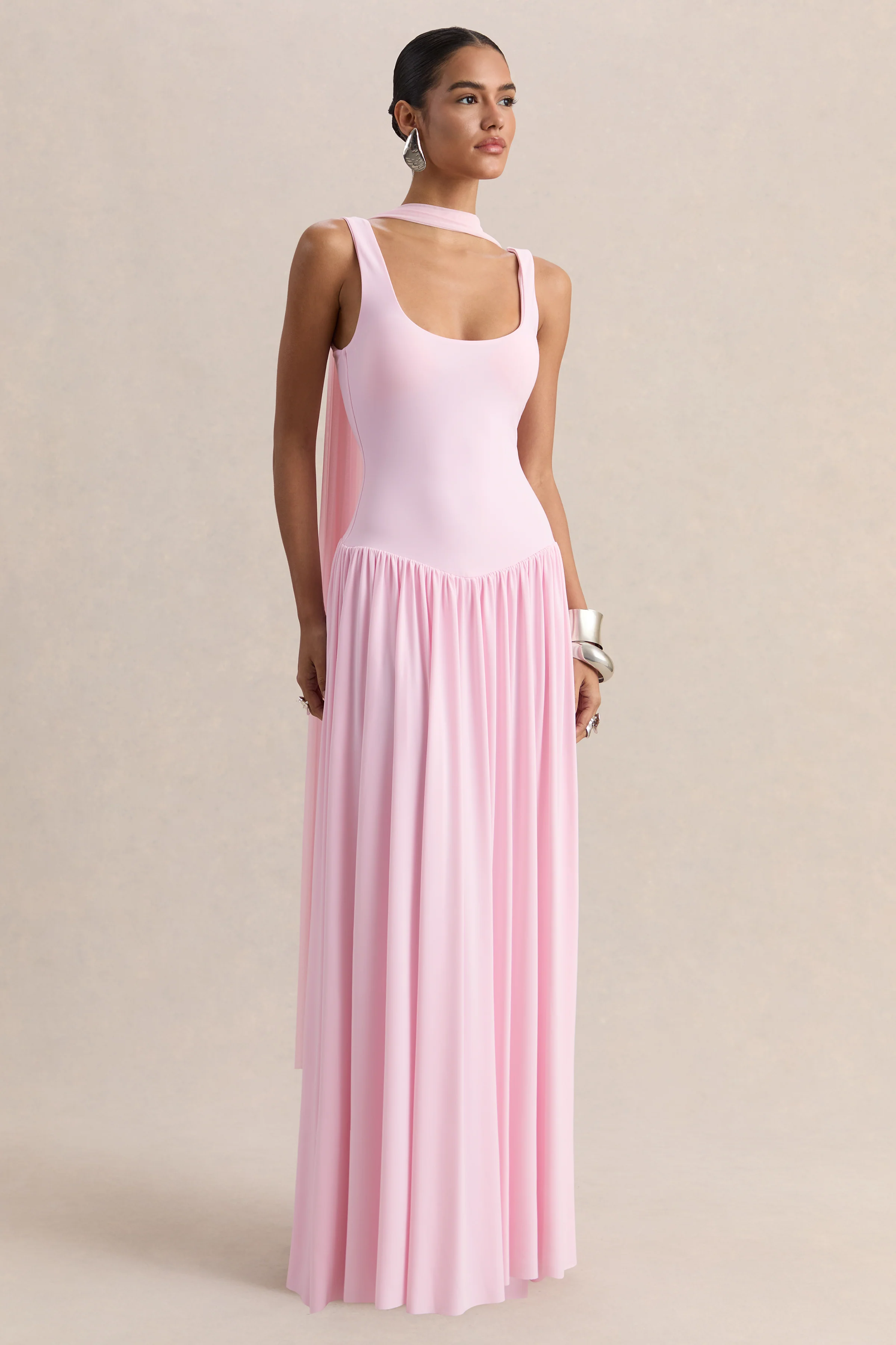 Aurina | Pink Square-Neck Maxi Dress With Cape - Image 6