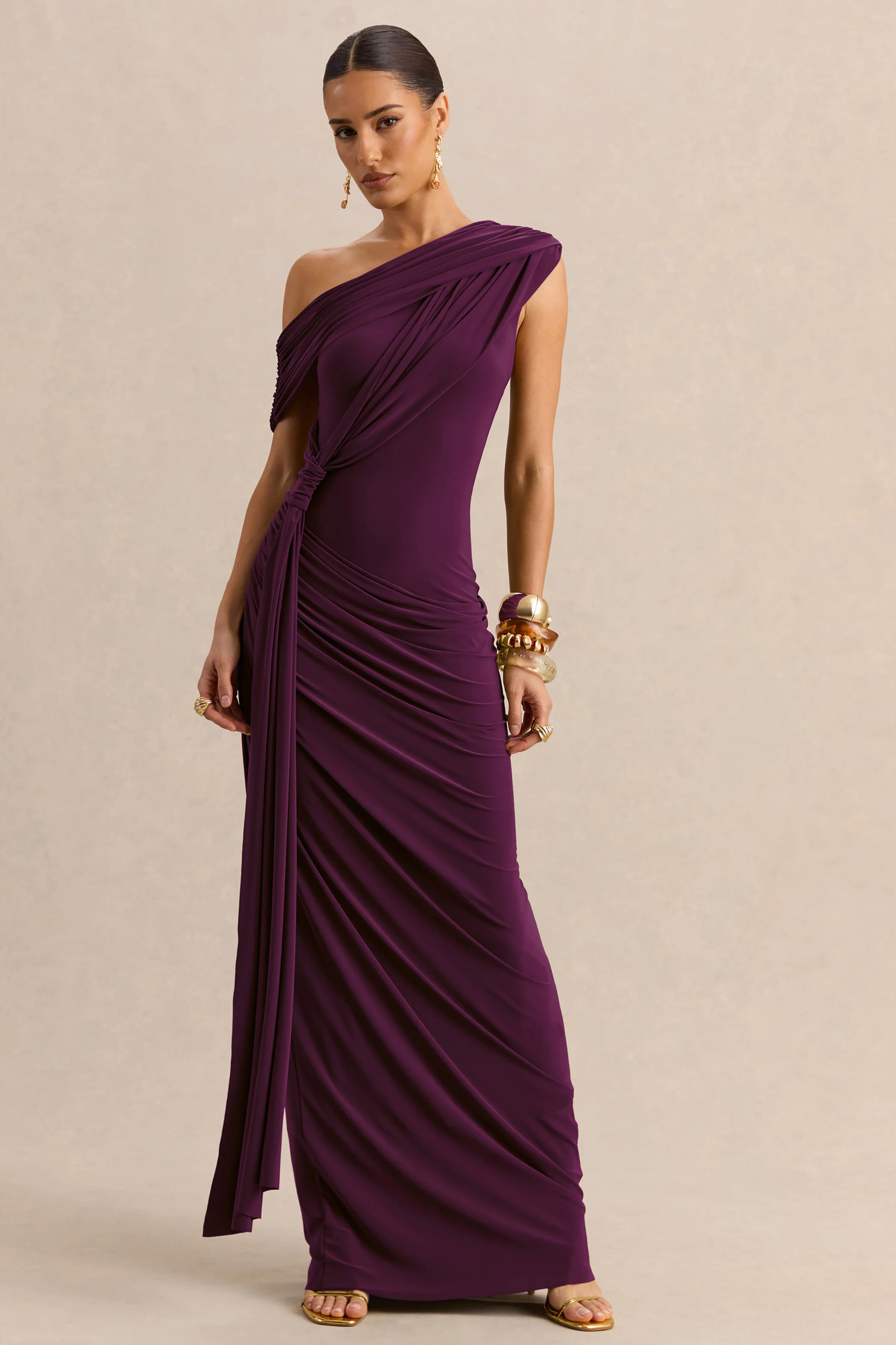 Avialee | Dark Plum Asymmetric-Neck Maxi Dress With Gathered-Detailing And Sash - Image 4