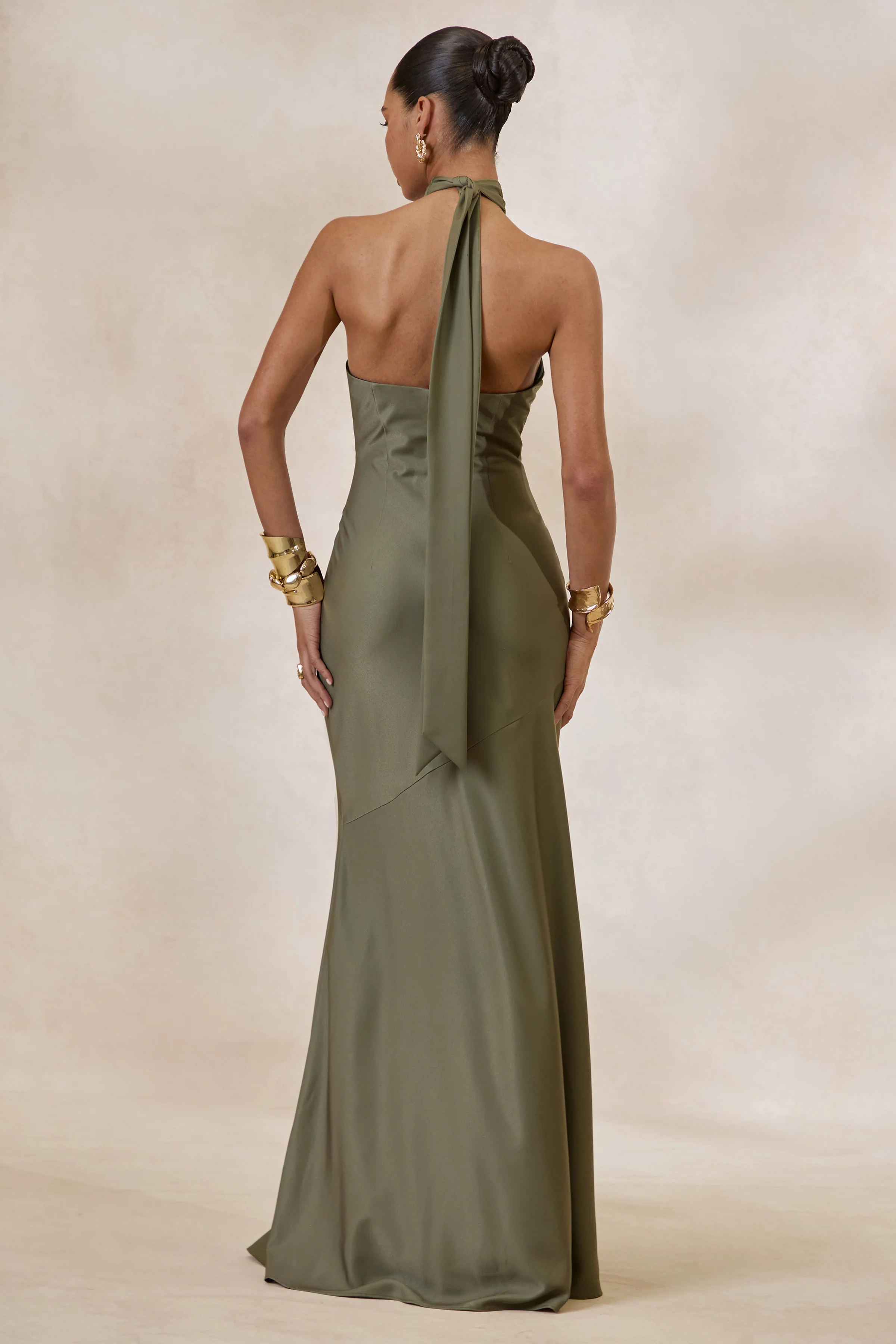 Bellora | Khaki Satin Halter-Neck Maxi Dress With Scarf-Detail - Image 2