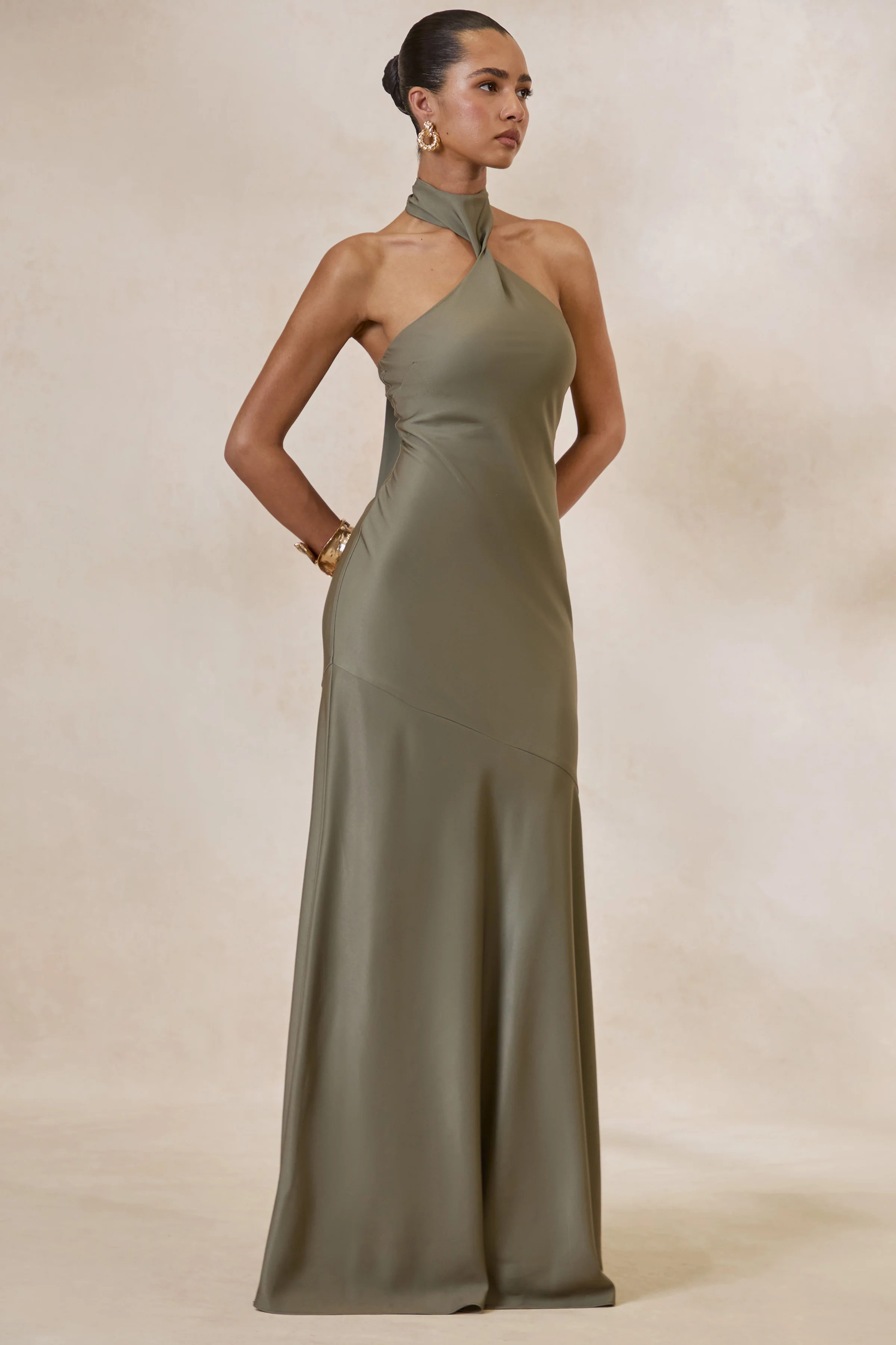 Bellora | Khaki Satin Halter-Neck Maxi Dress With Scarf-Detail - Image 3