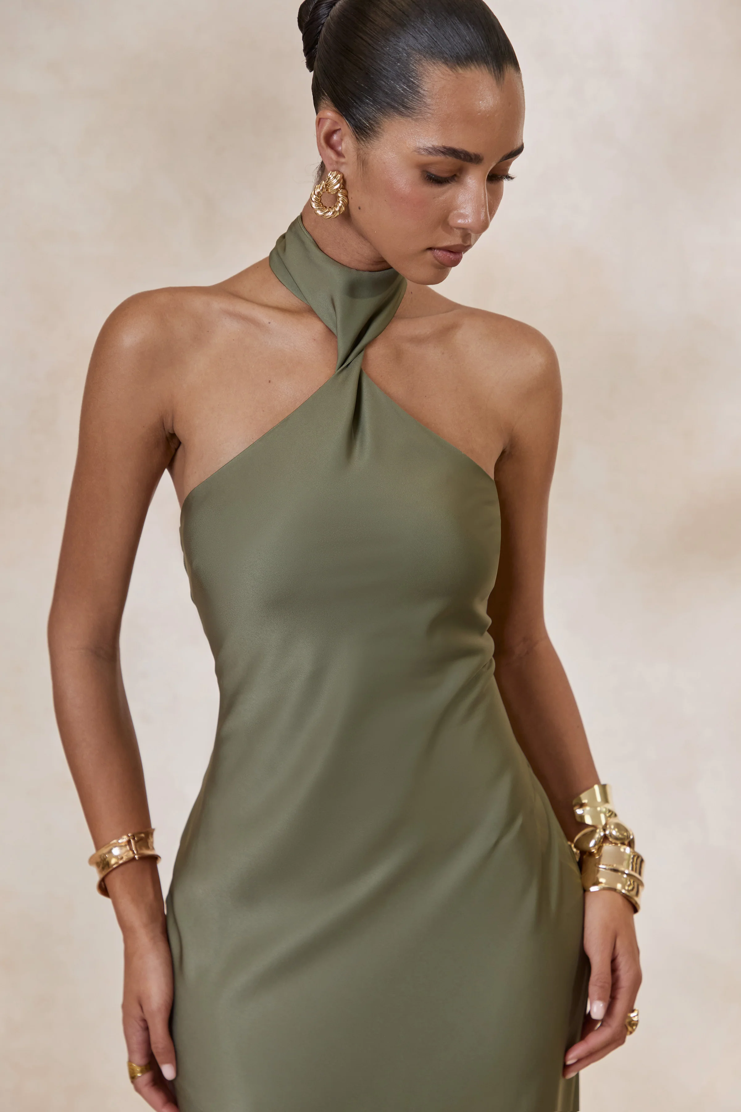 Bellora | Khaki Satin Halter-Neck Maxi Dress With Scarf-Detail - Image 4
