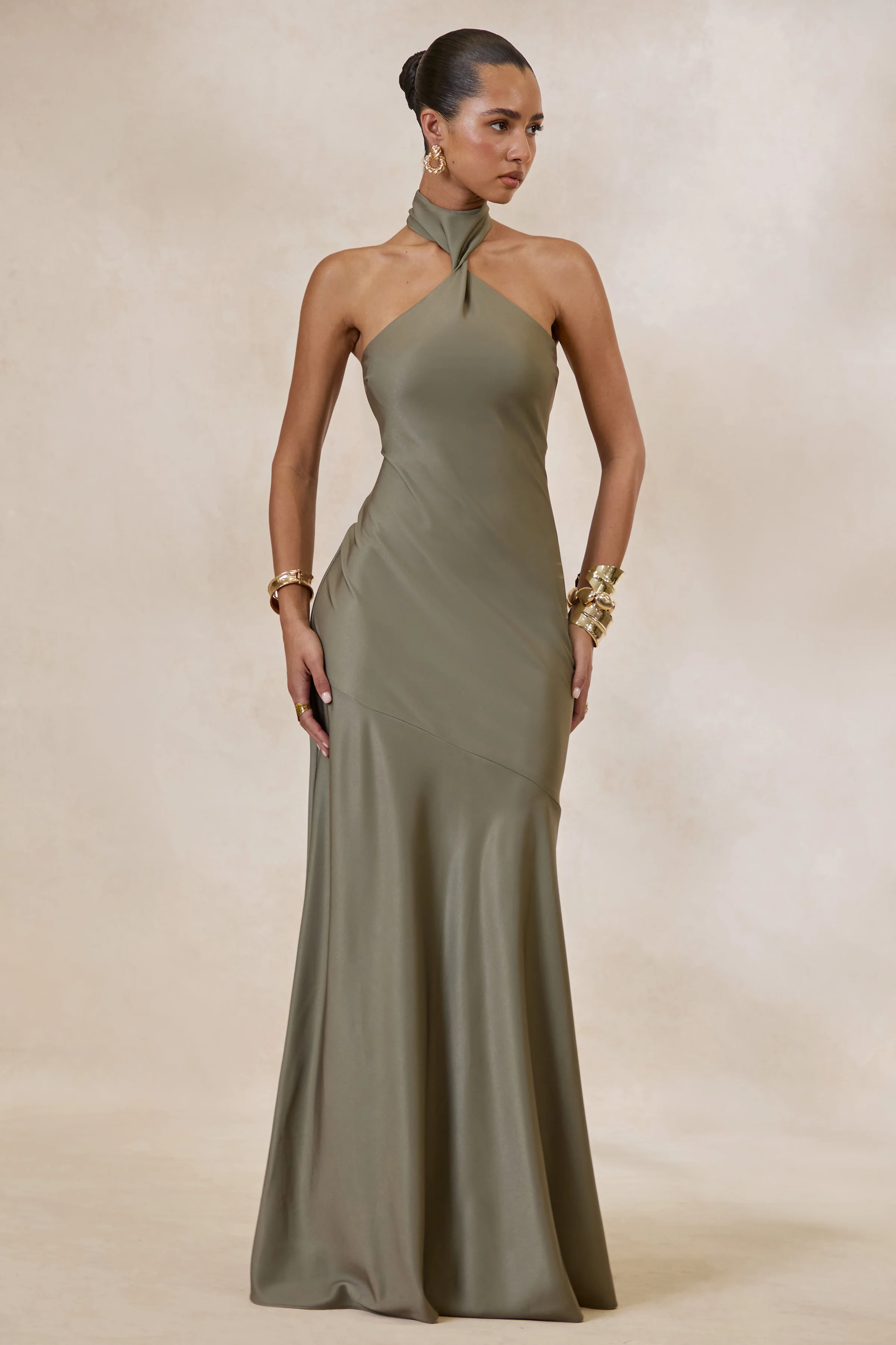 Bellora | Khaki Satin Halter-Neck Maxi Dress With Scarf-Detail - Image 6