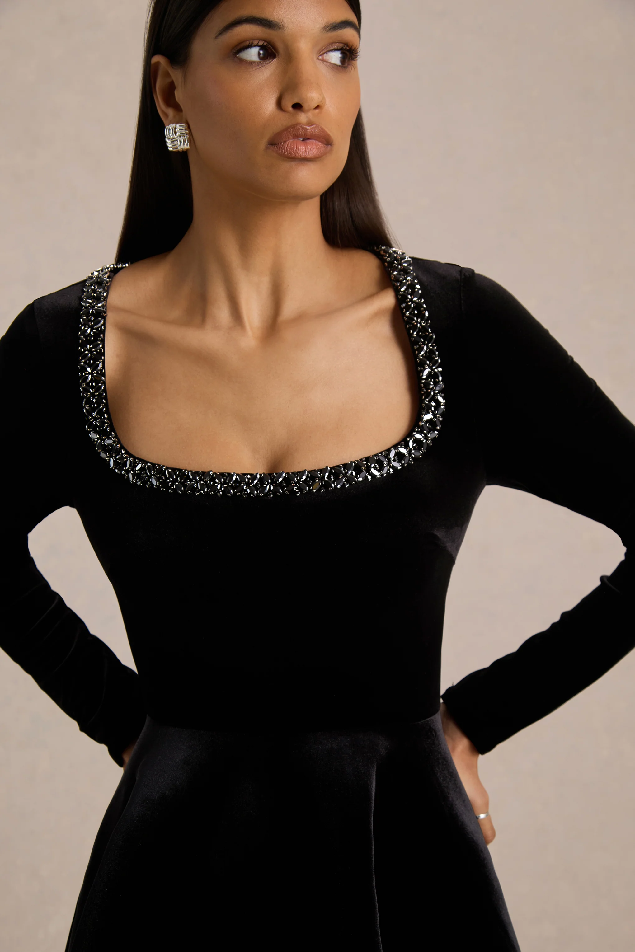 Beloved | Black Velvet Embellished Square-Neck Mini Dress - Image 3