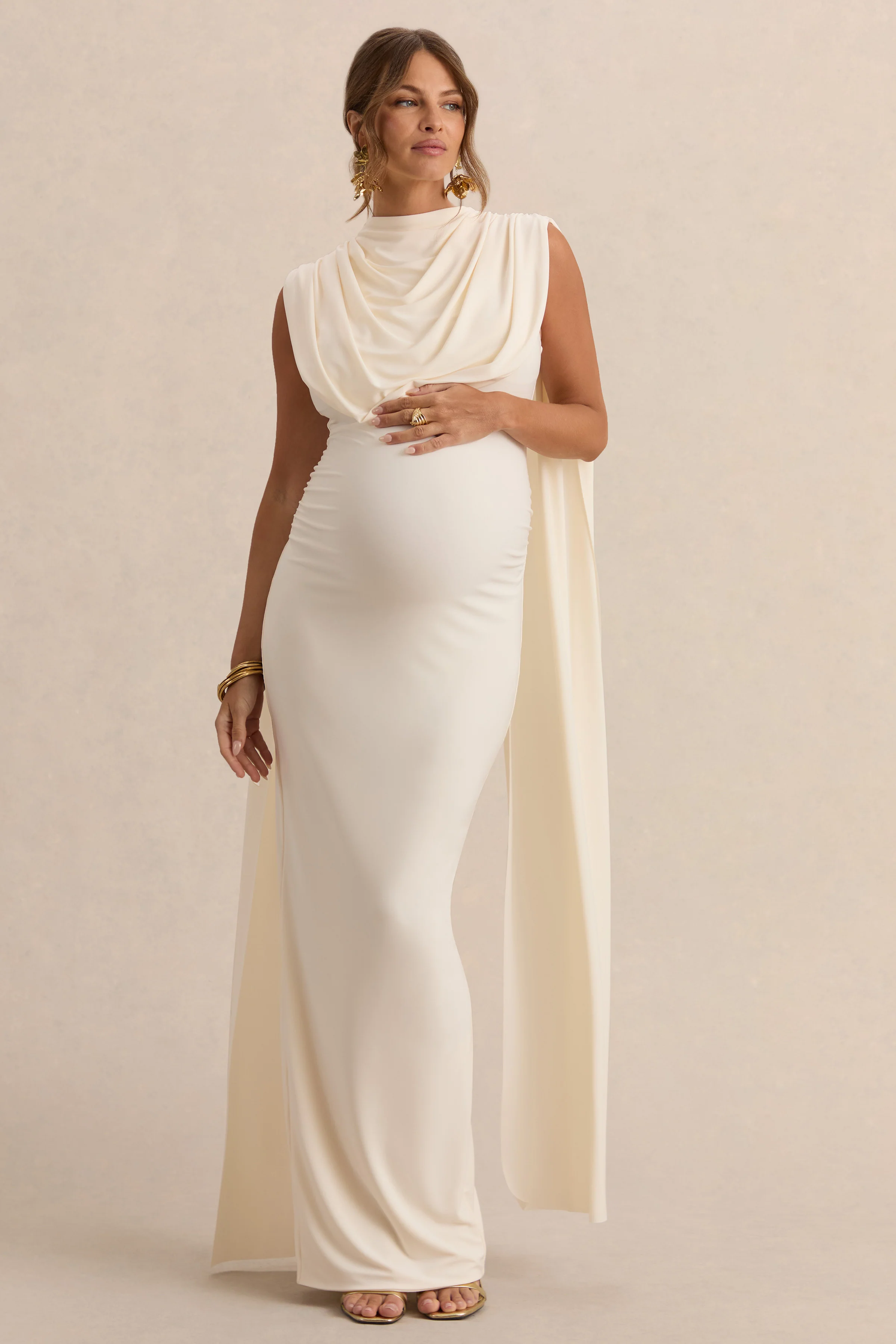 Belva | Cream High-Neck Maternity Maxi Dress With Cape Detail