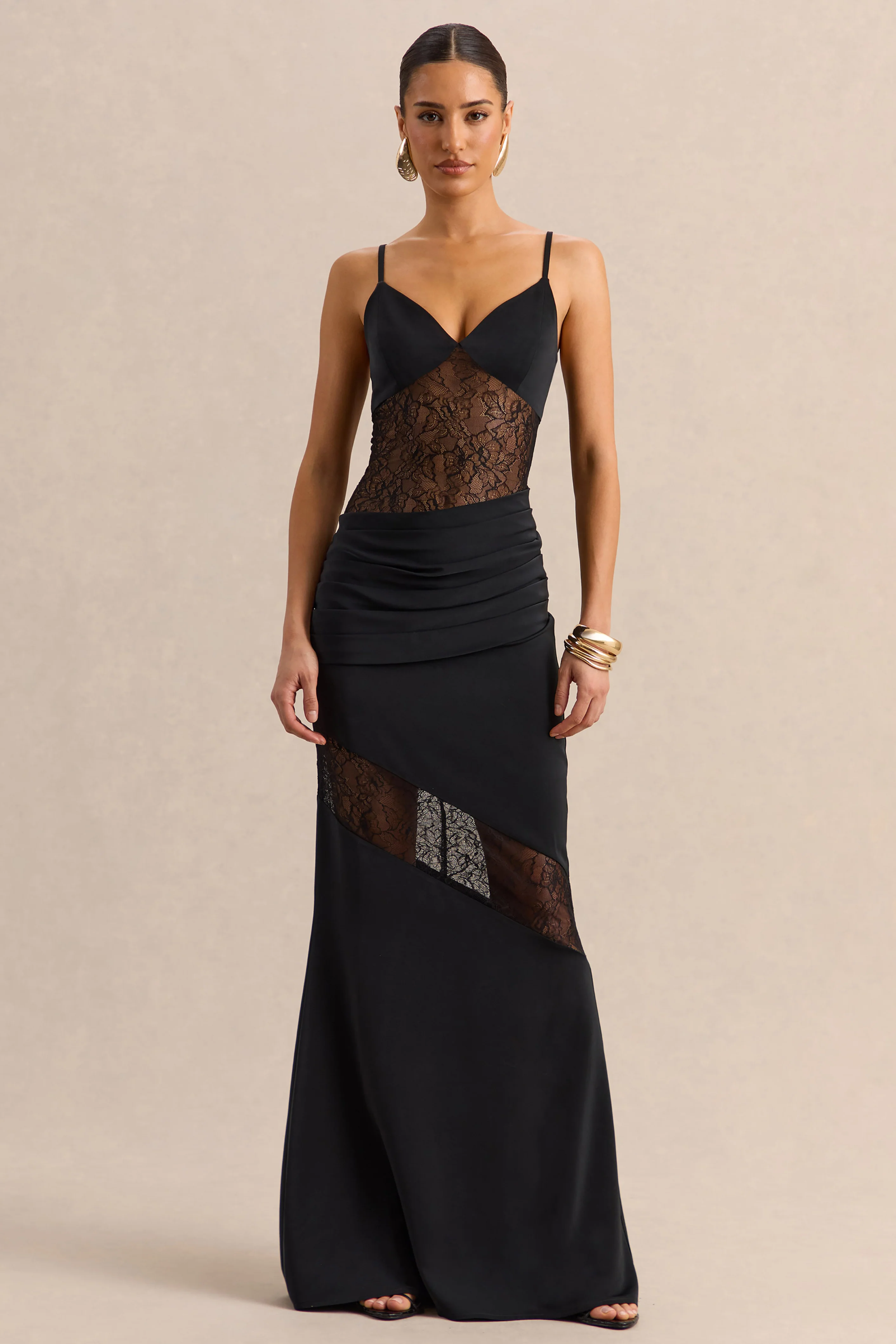 Belvair | Black Satin And Lace Maxi Dress With Draped-Detail - Image 6