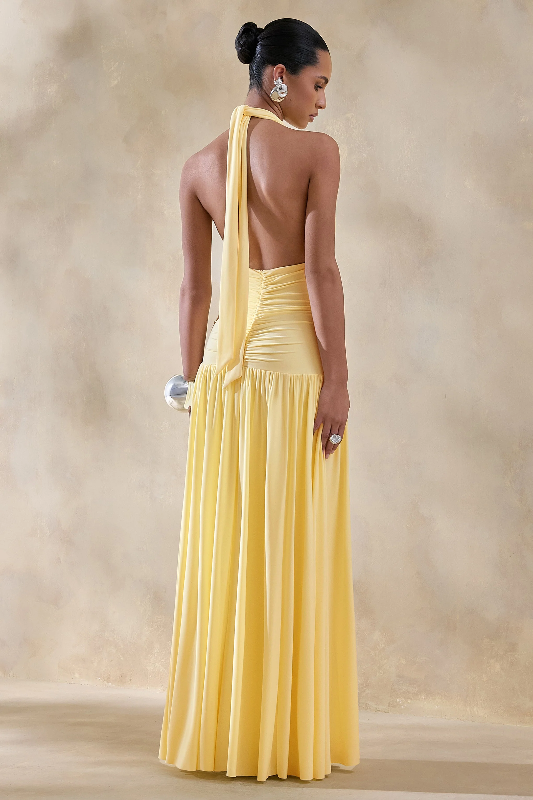 Bettina | Lemon Plunge-Neck Maxi Dress With Gathered-Detailing - Image 2