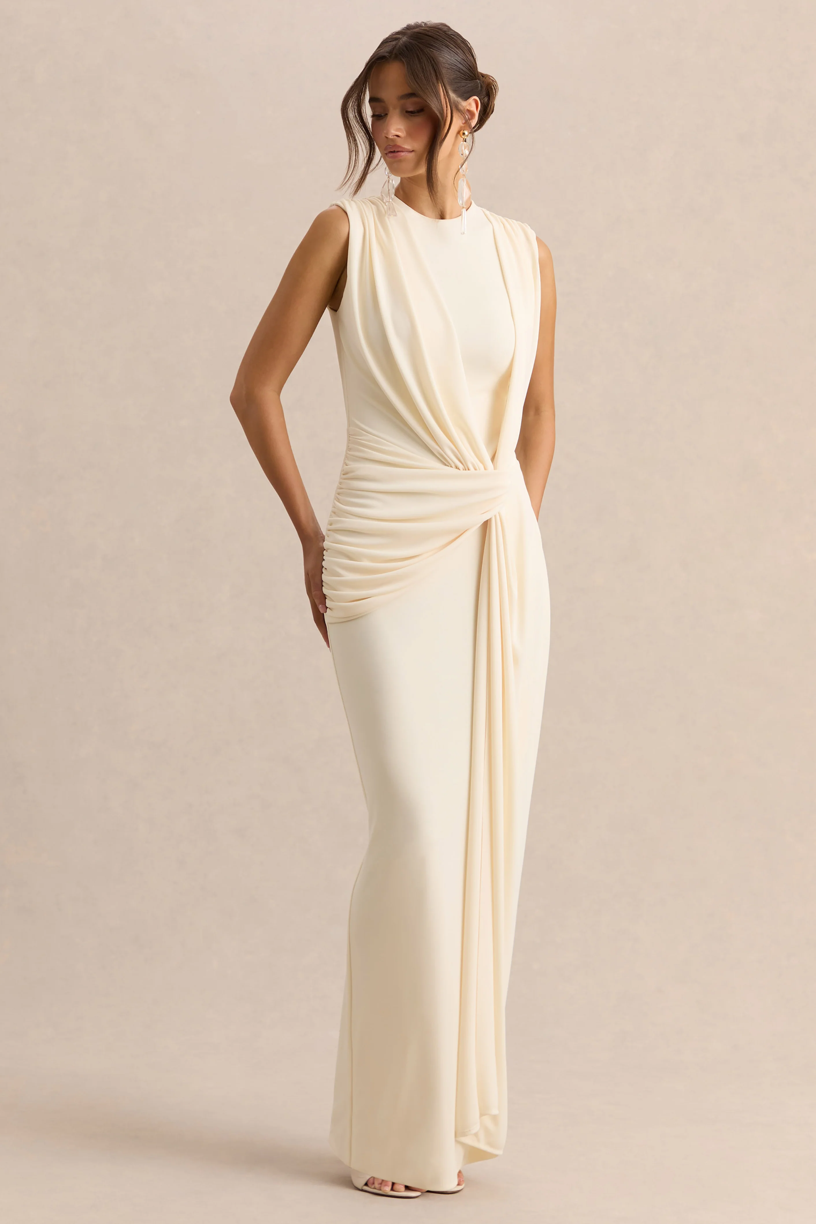 Blythia | Cream Round-Neck Maxi Dress With Gathered-Detailing - Image 4