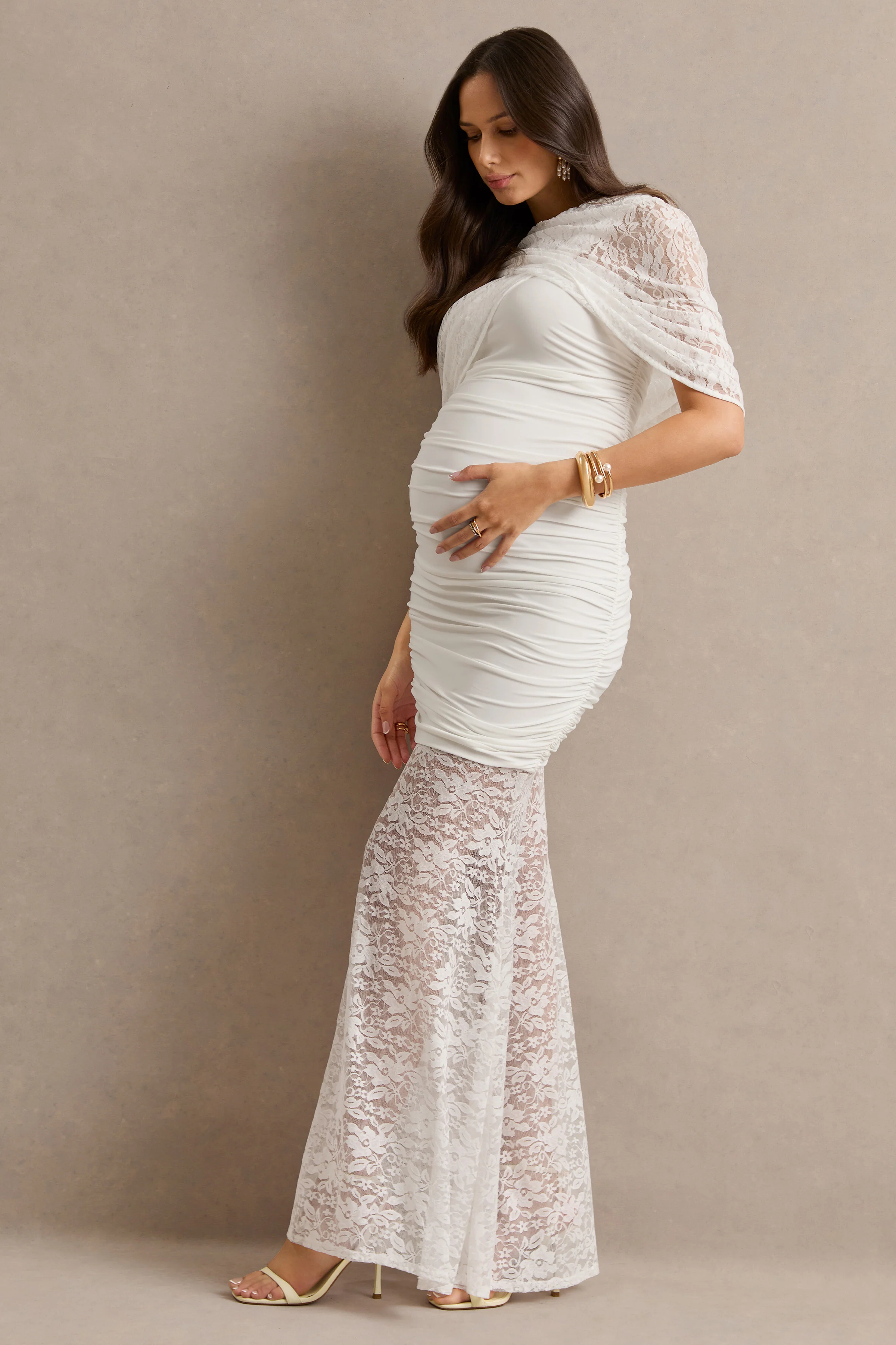 Bronta | White Lace High-Neck Maternity Maxi Dress With Short Cape And Sheer Skirt - Image 5